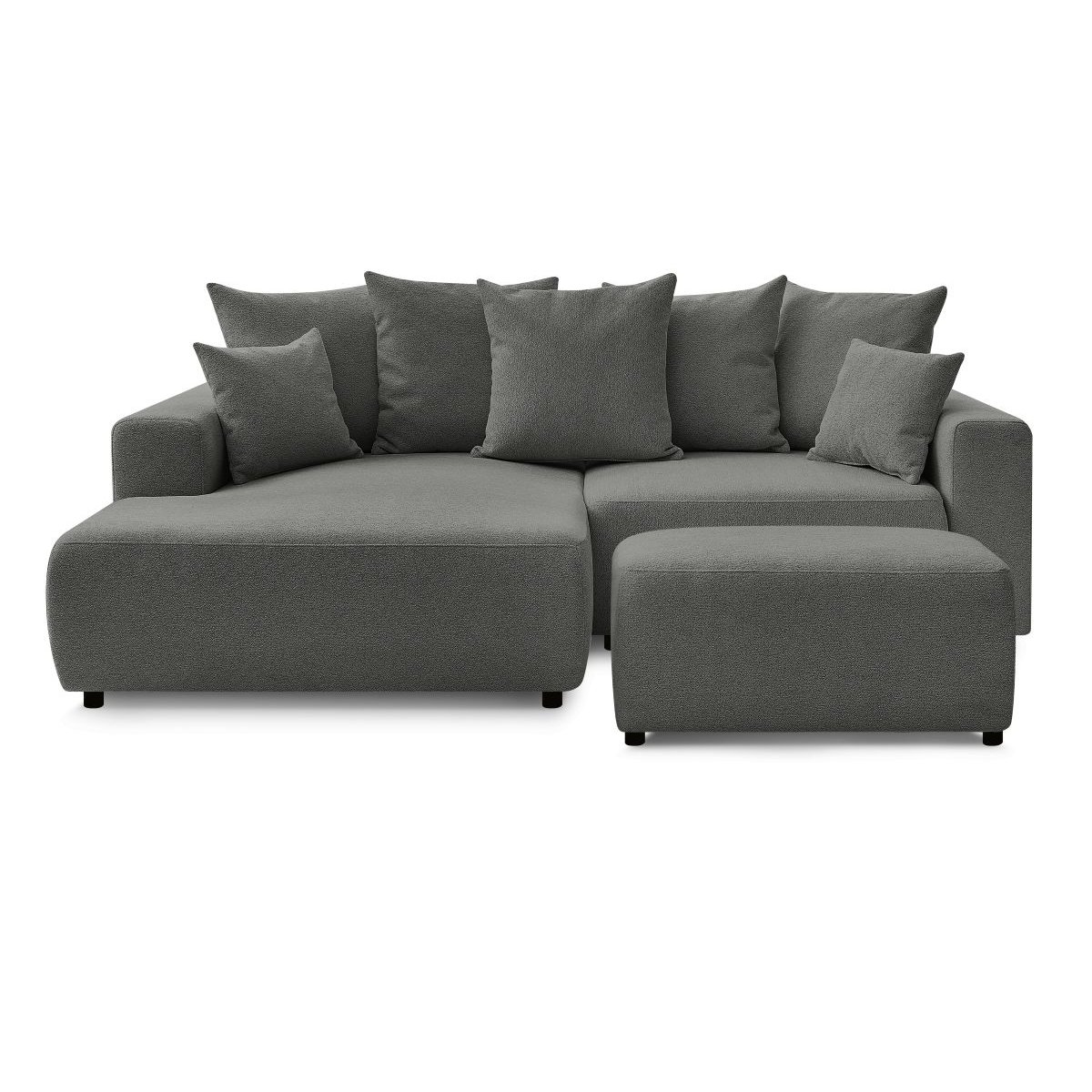 Canapé d'angle convertible 5 places en tissu chiné avec pouf, ATILLA gris foncé, BOBOCHIC
