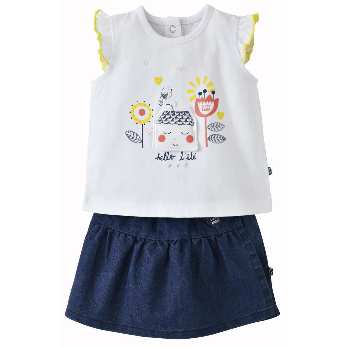 Ensemble t-shirt jupe jean ÉtÉ ligne mimosa bleu, SUCRE D'ORGE