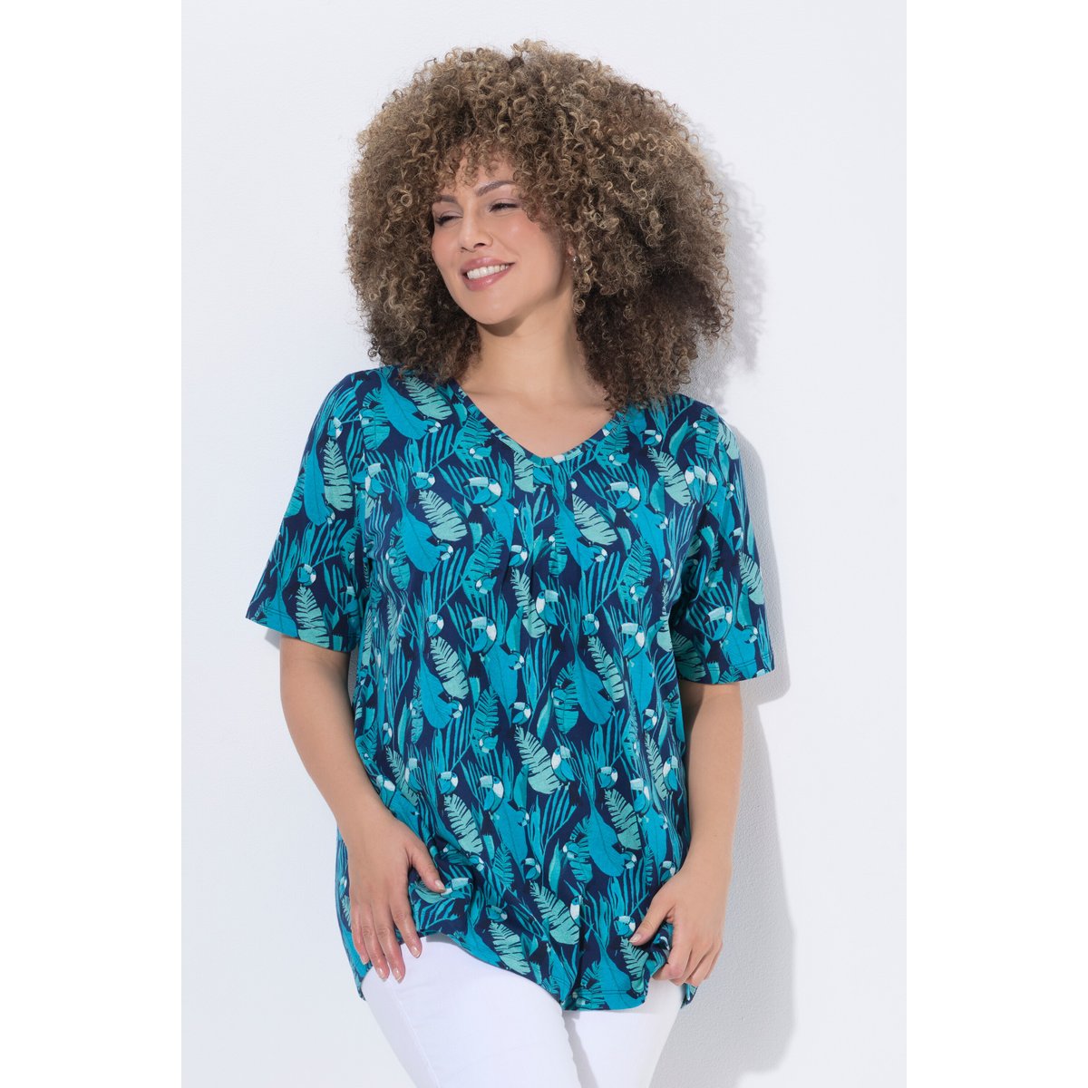 T-shirt motif toucans, plis fantaisie bleu encre, ULLA POPKEN