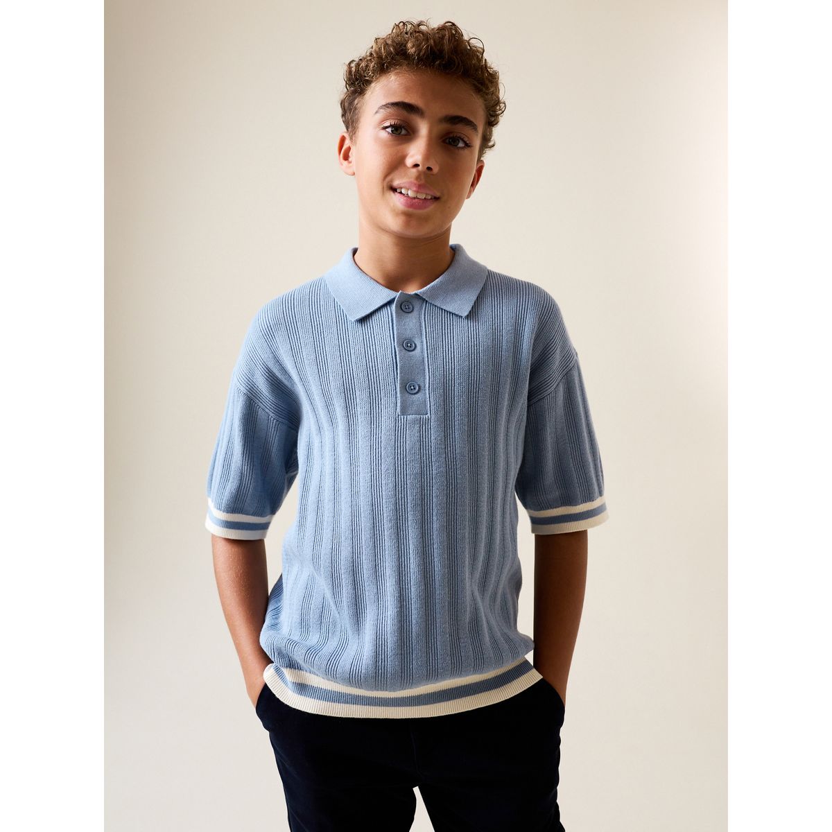 Polo en maille avec col boutonné bleu, NEXT