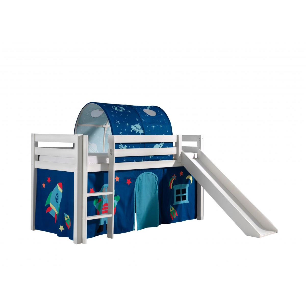 PINO Lit mezzanine avec toboggan + Space rideau et tunnel de lit + 3 pochettes couleur unique, VIPACK