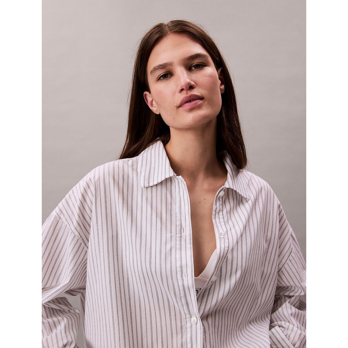 Cotton poplin pyjama shirt with button-down collar white/blue, CALVIN KLEIN UNDERWEAR