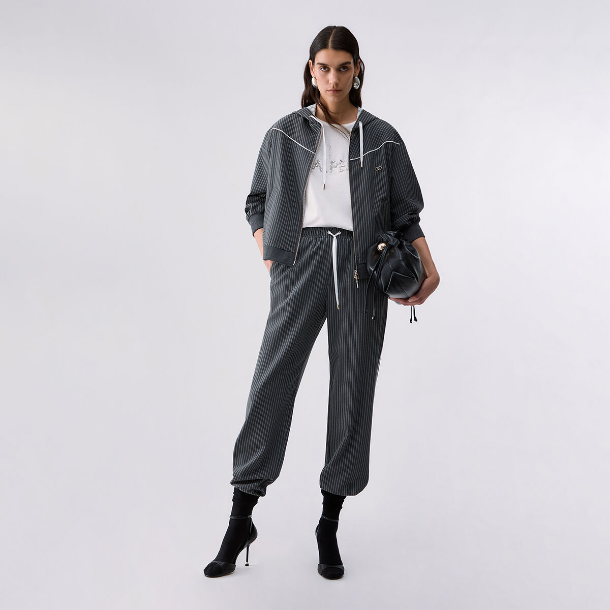 Pantalon à fines rayures avec empiècement en dentelle gris, LIU JO