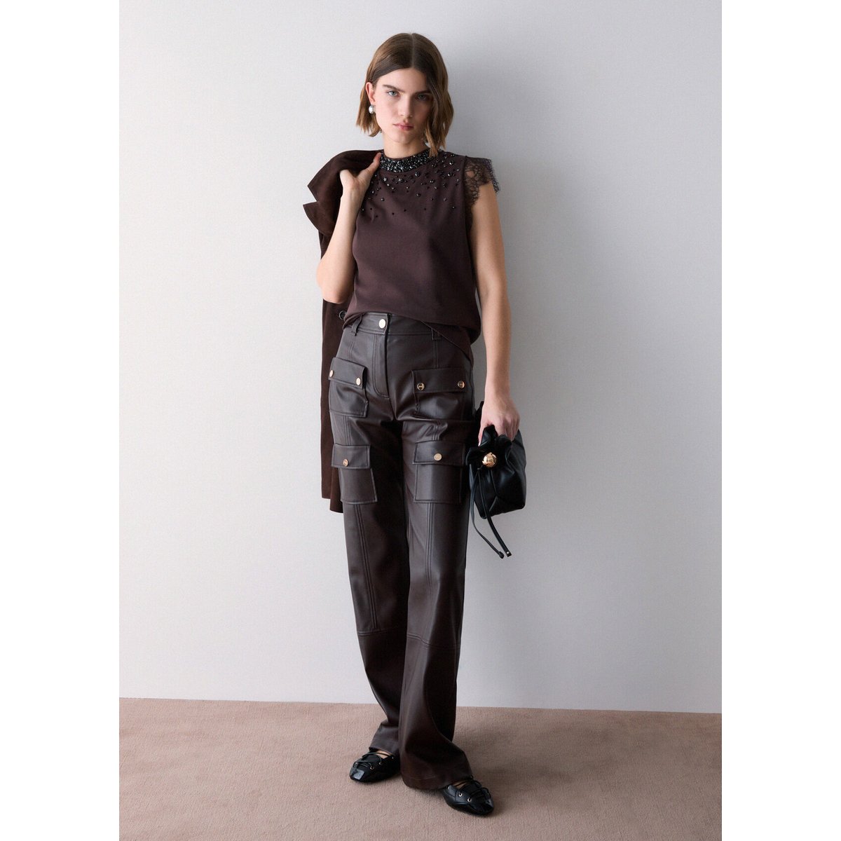 T-shirt avec dentelle et strass moka, LIU JO