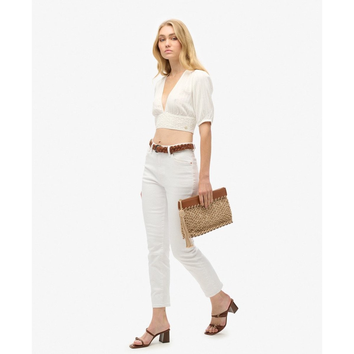Haut à manches courtes et liseré en dentelle Ibiza blanc cassé, SUPERDRY