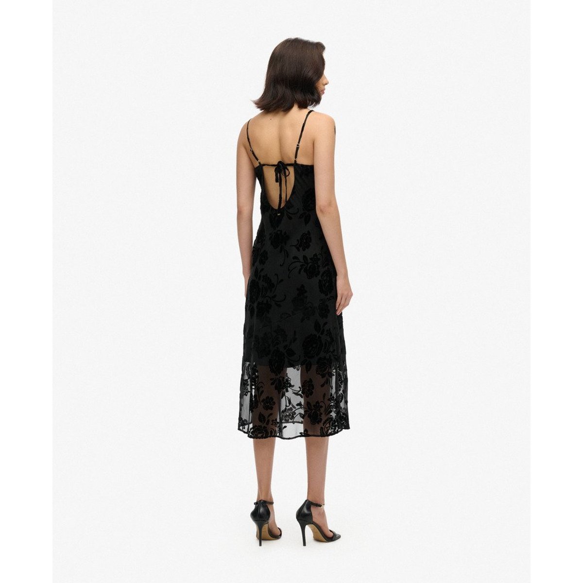 Robe à enfiler mi-longue effet dévoré à col bénitier motif floral noir, SUPERDRY