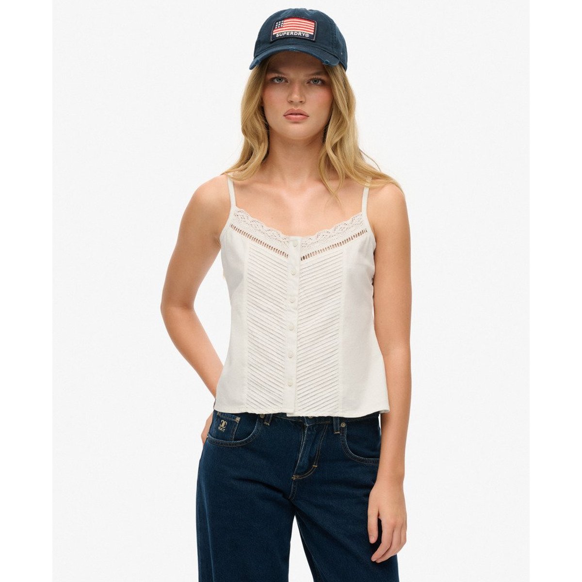 Caraco boutonné à dentelle blanc cassé, SUPERDRY