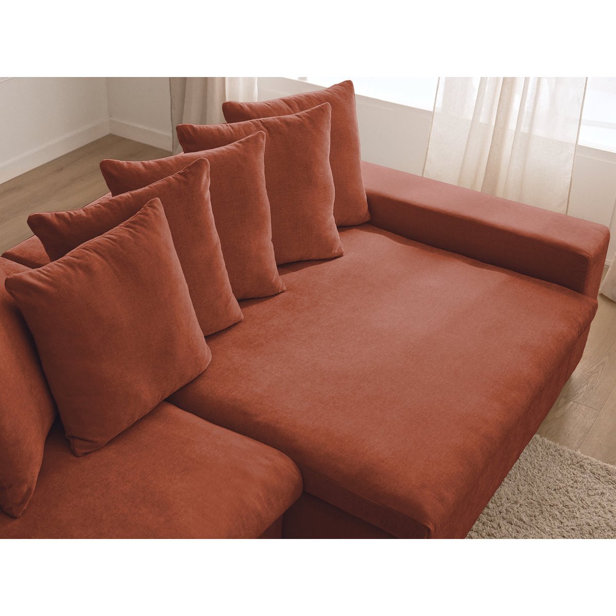 Canapé d'angle fixe 3 places en tissu lisse avec pouf, ENORE rouge, BOBOCHIC