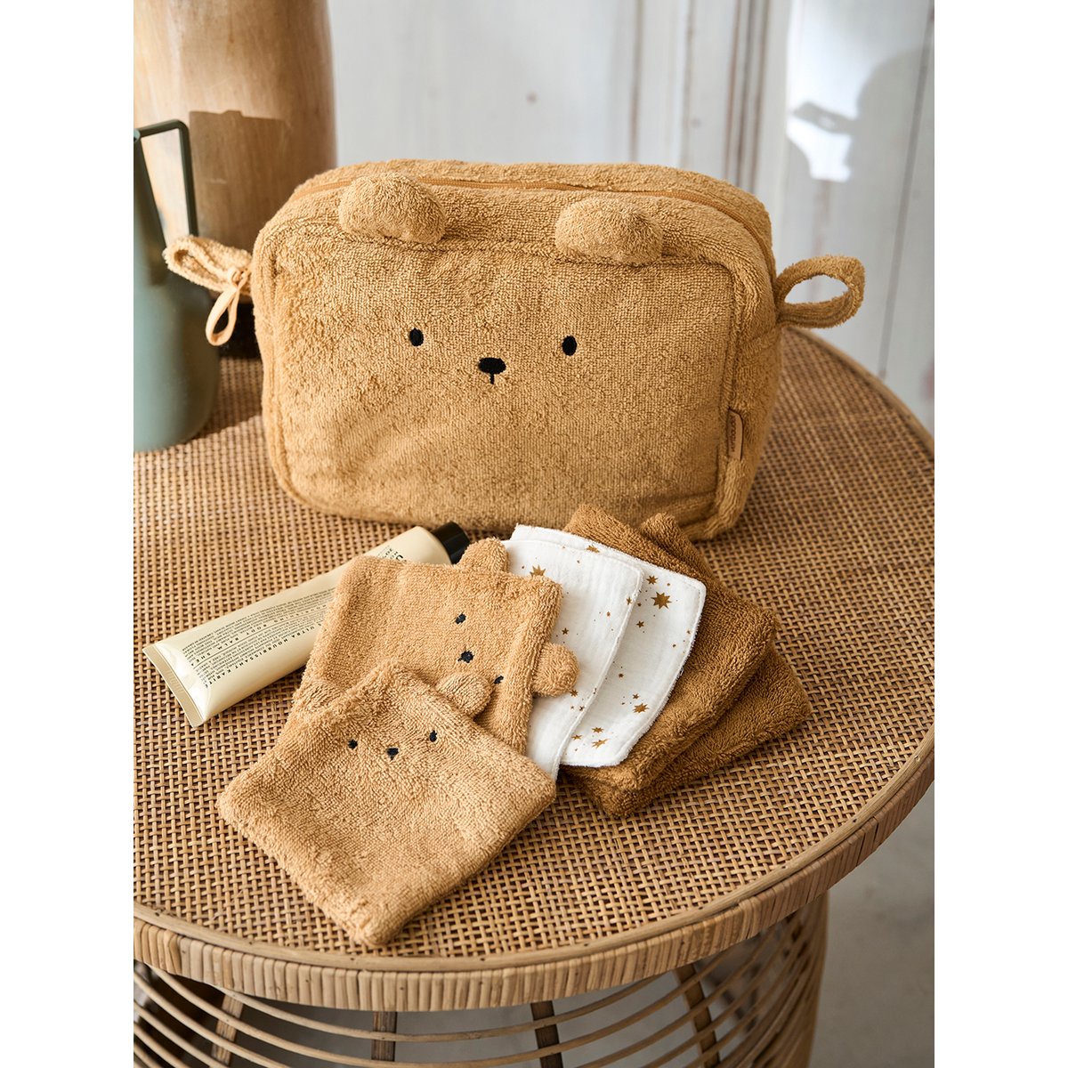 Trousse de toilette Ourson en éponge caramel, VERTBAUDET