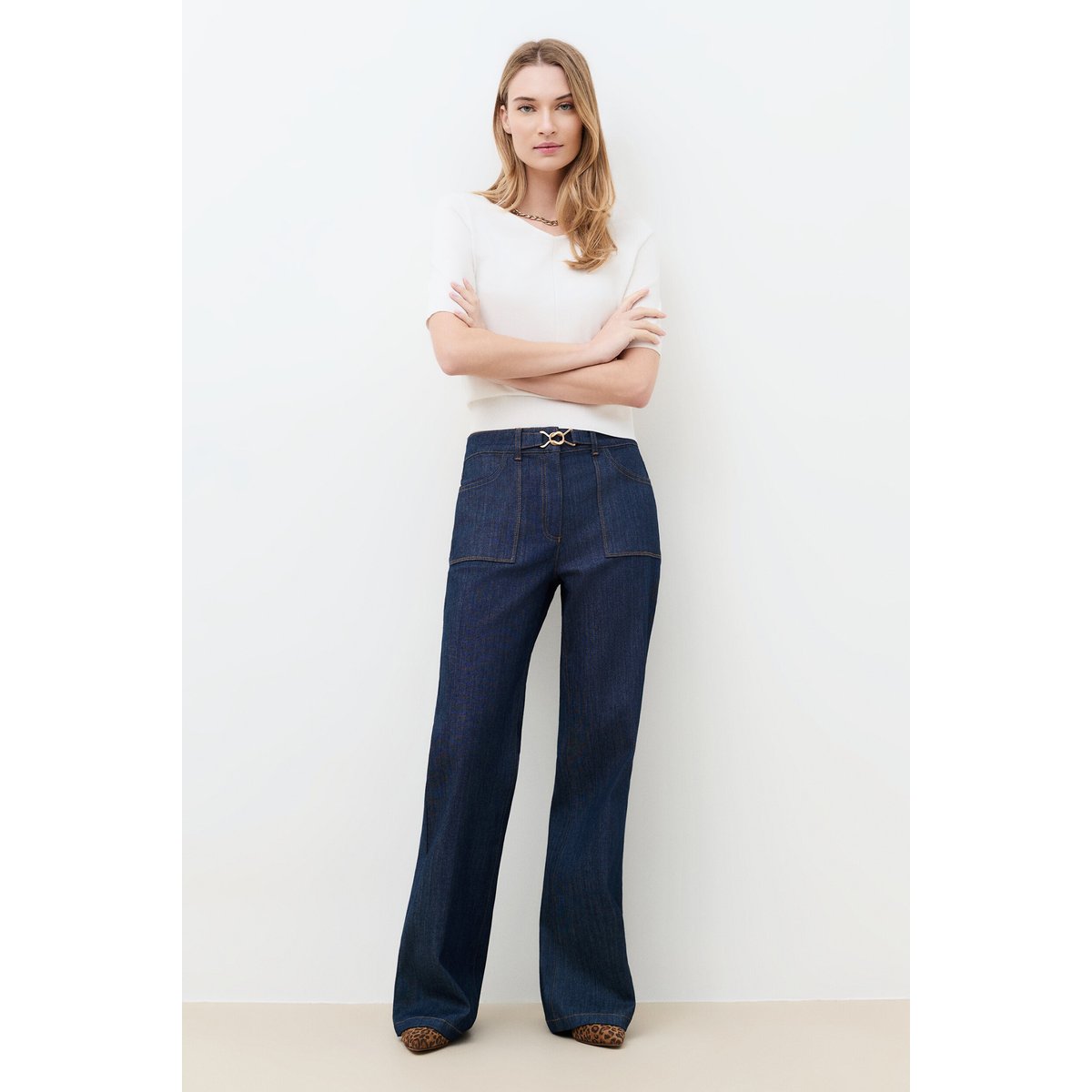 Pantalon flare ceinturé POESIE denim brut, CAROLL