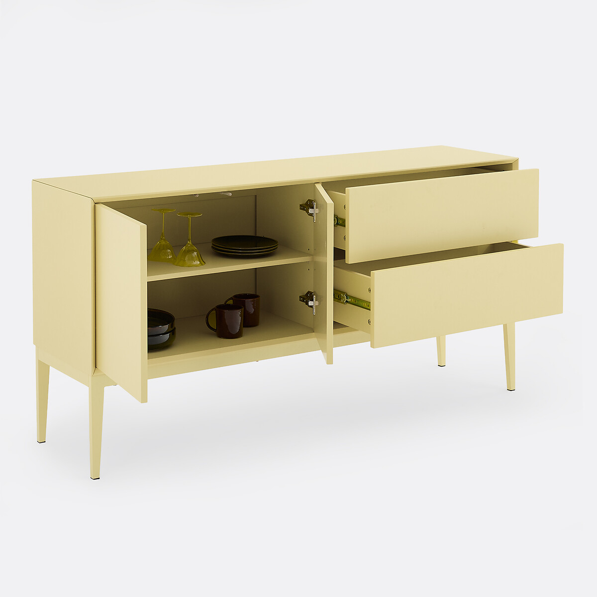 Pickito Lacquered Low Sideboard with 2 Doors and 2 Drawers Length 160cm soft yellow, LA REDOUTE INTERIEURS