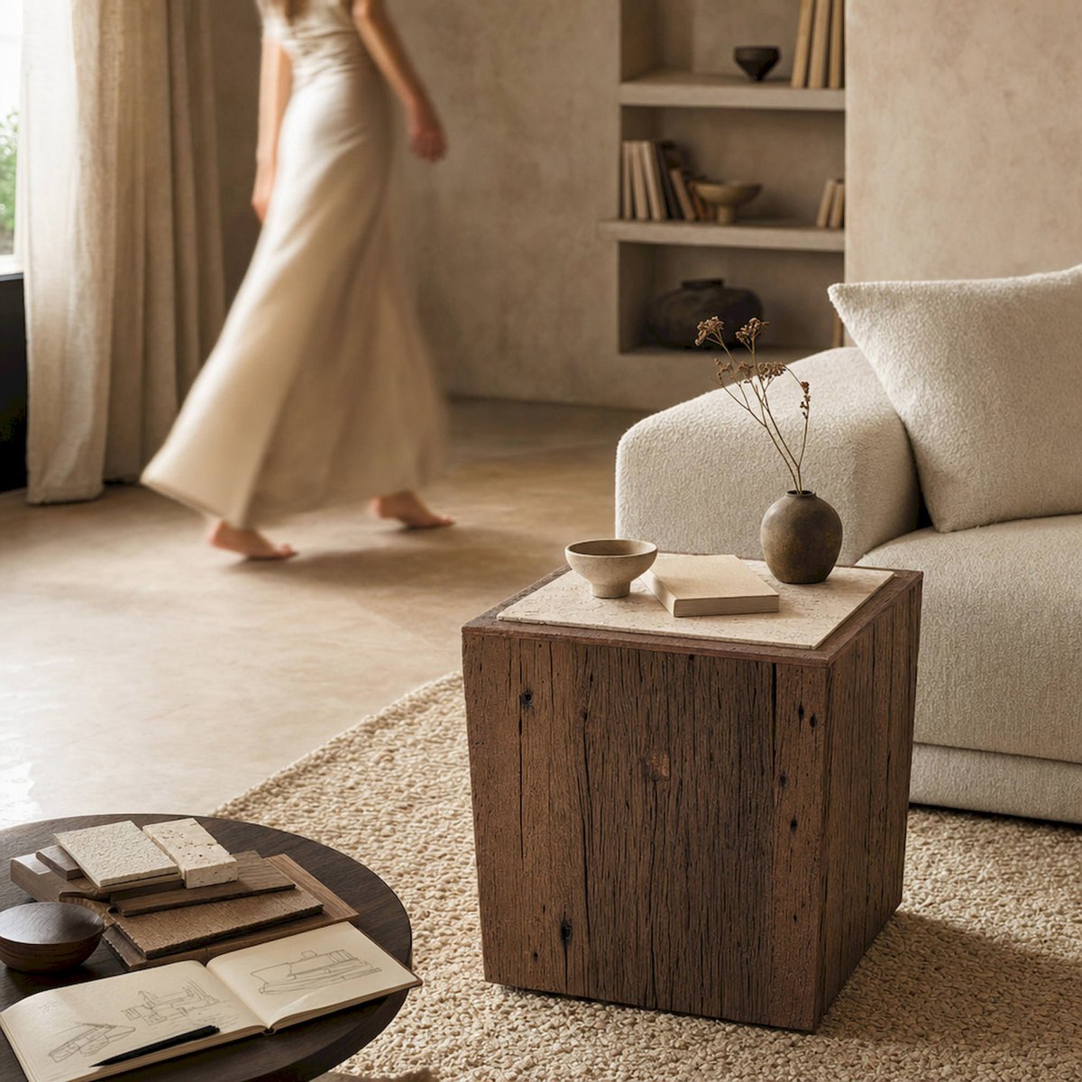 Table d'appoint rustique en bois et travertin marron et beige, RECOLLECTION