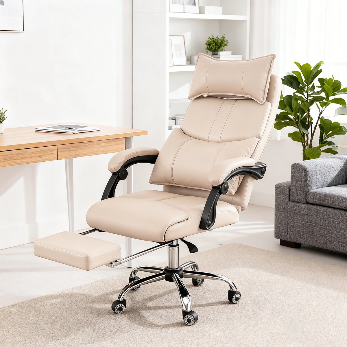 Fauteuil de bureau ergonomique pivotant avec double soutien lombaire et hauteur réglable, ABBOOTE kaki, MEUBLES COSY
