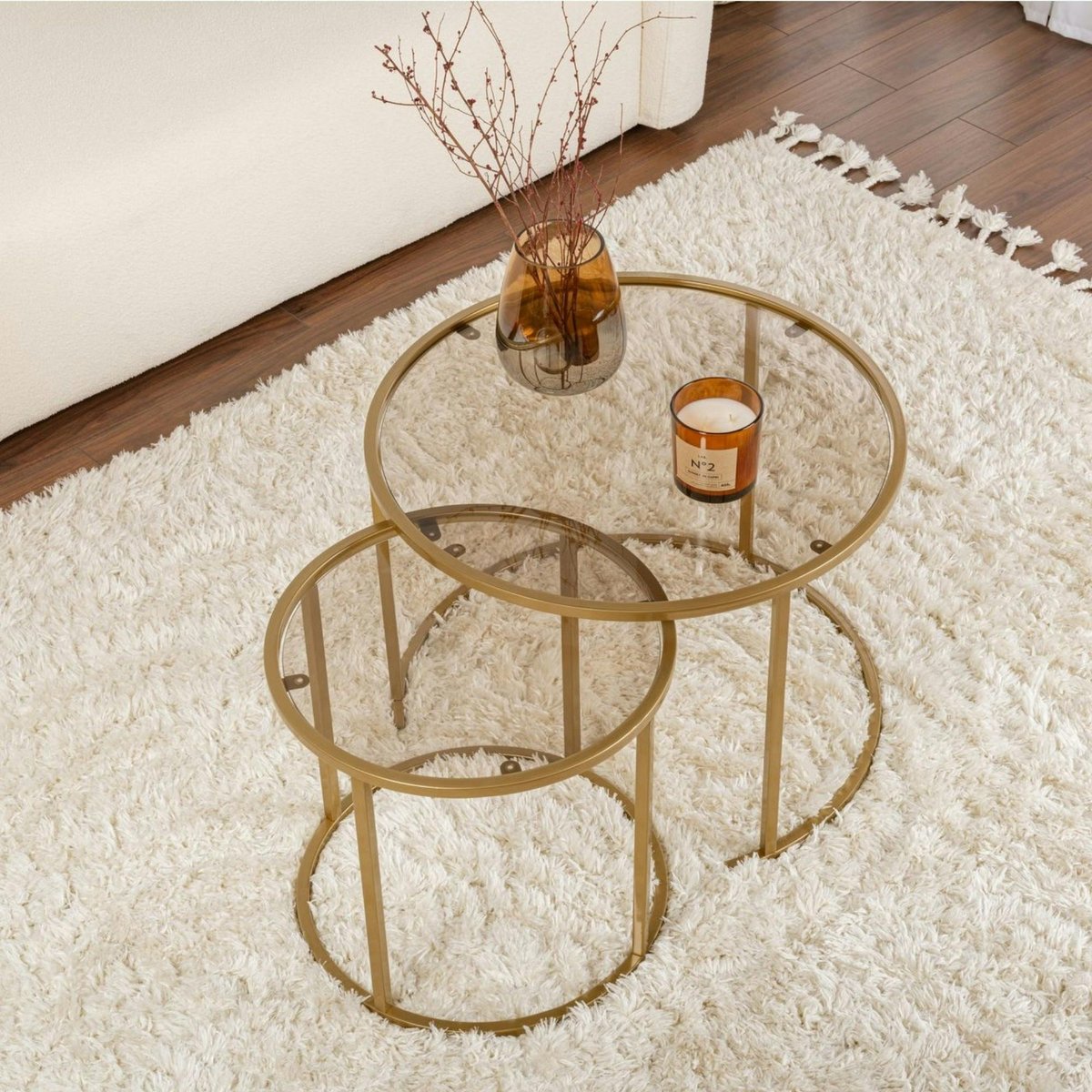 Table gigogne verre ambré - cadre doré (lot de 2) ⌀60 cm TULUM doré, PIER IMPORT