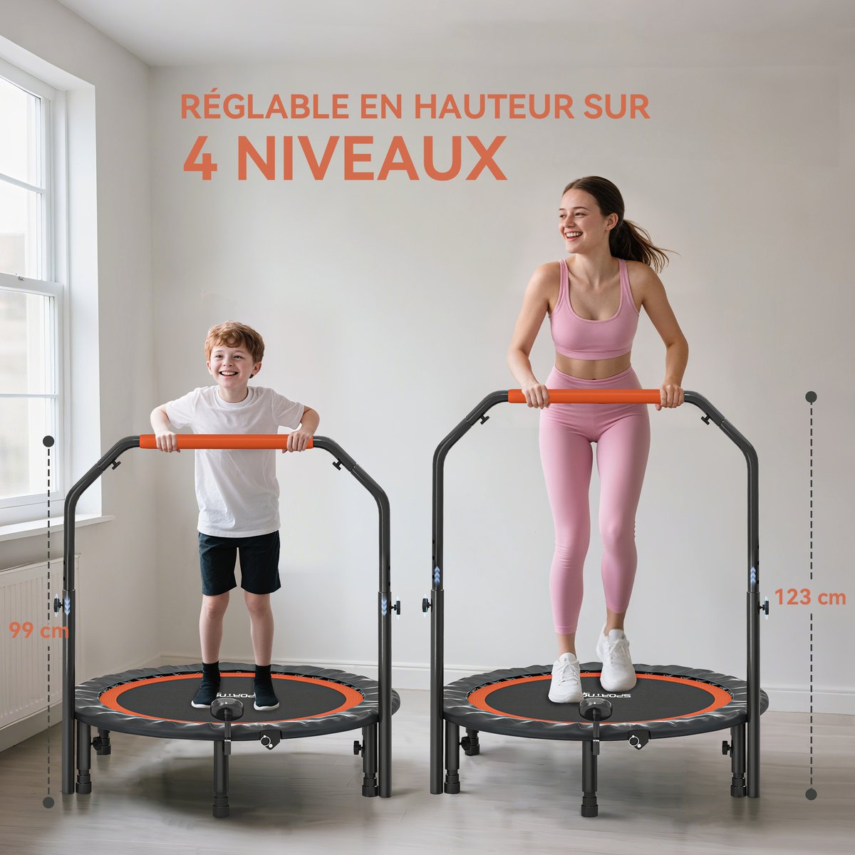 Trampoline de Fitness gym pliable réglable Ø 102 cm écran LCD noir rouge noir, HOMCOM