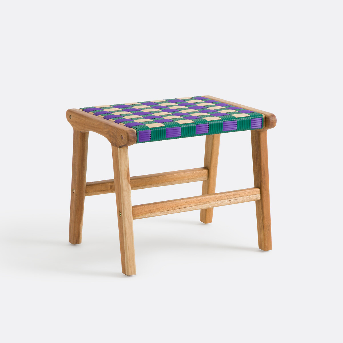 Tabouret en teck massif et résine tressée, BIANCA carreaux violet, LA REDOUTE INTERIEURS