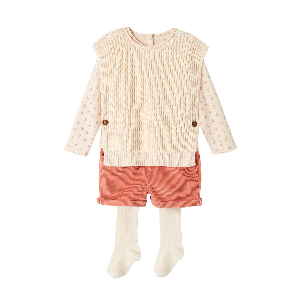 Ensemble 4 pièces bébé : T-shirt + short + pull + collant ART SCHOOL vieux rose, VERTBAUDET