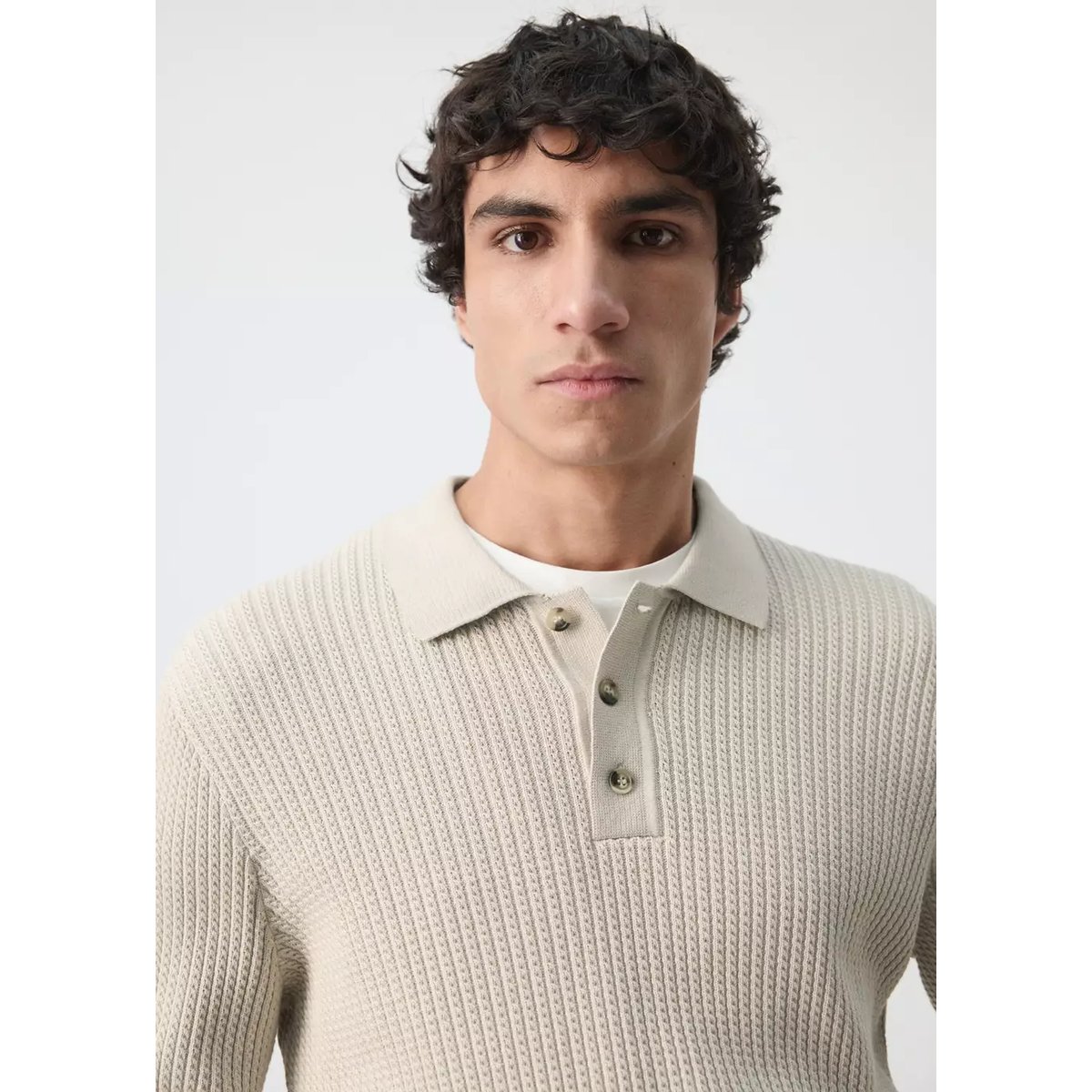 Pull polo coton mélangé maille tressée sable, MANGO MAN