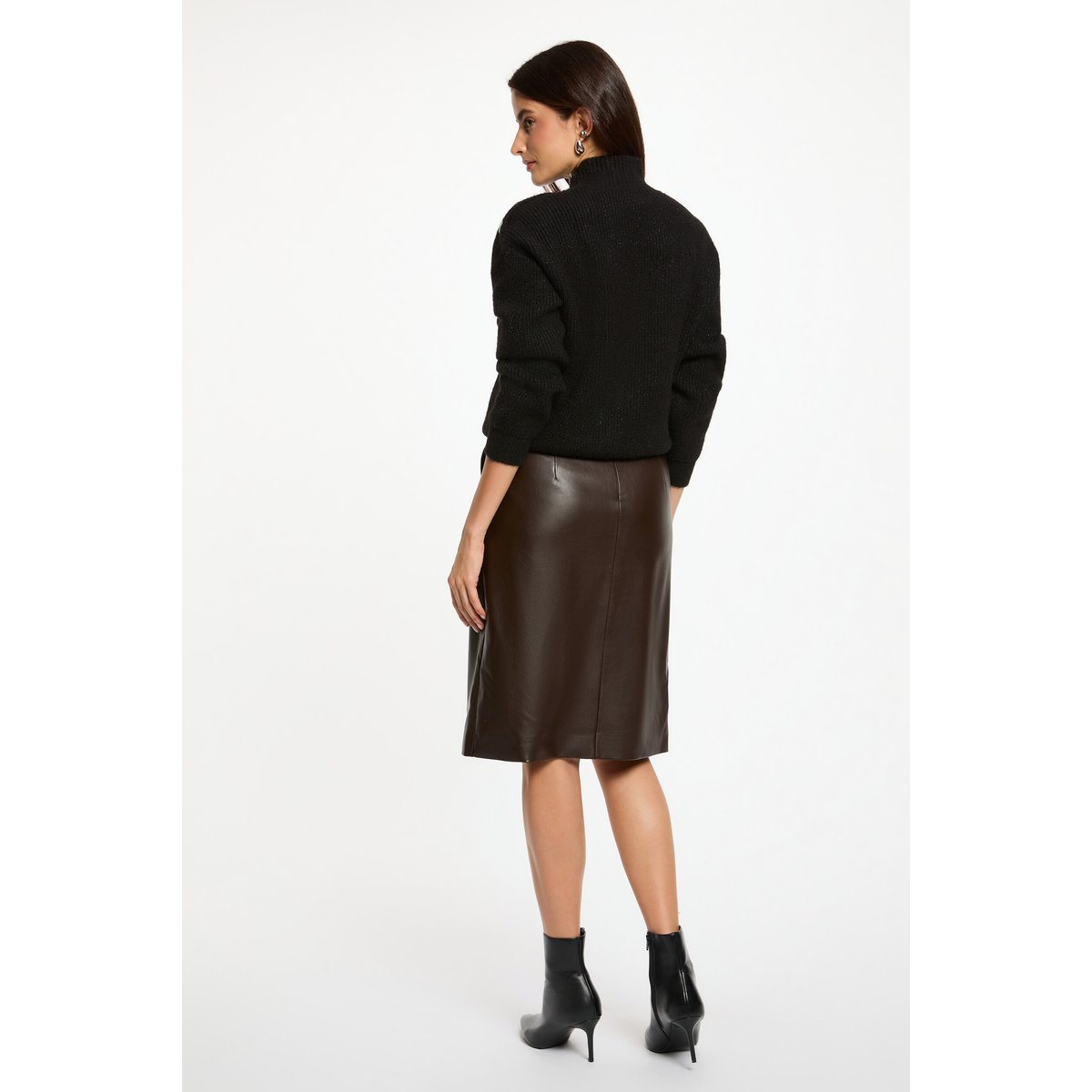 Jupe ajustée simili cuir marron foncé, MORGAN