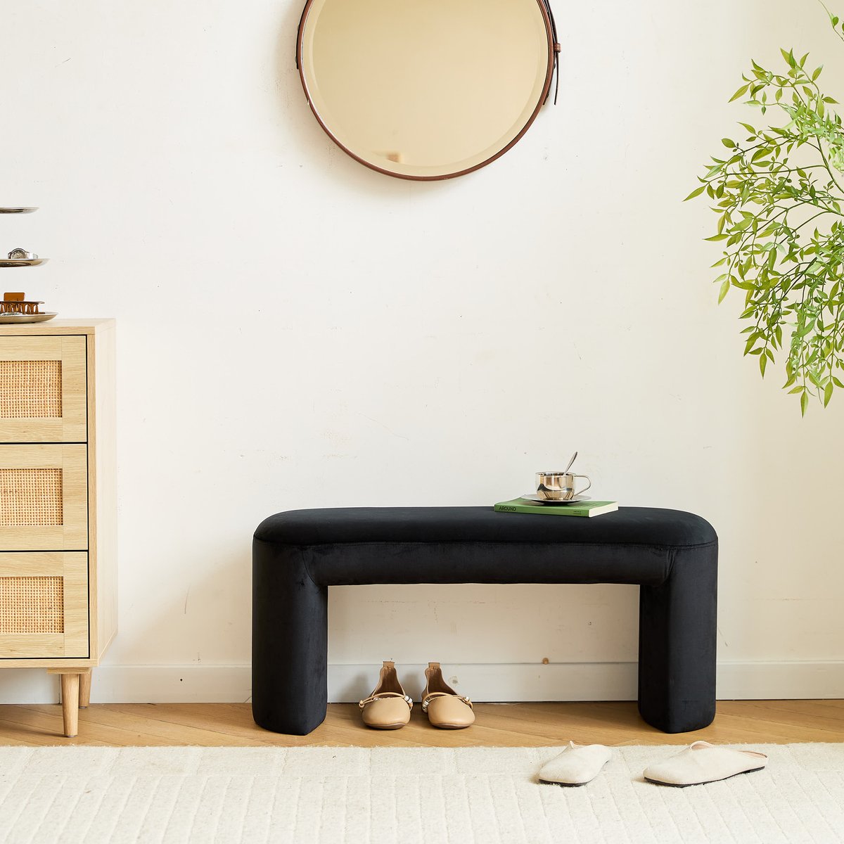 Banc style scandinave, velours, RIGA noir, NORDLYS