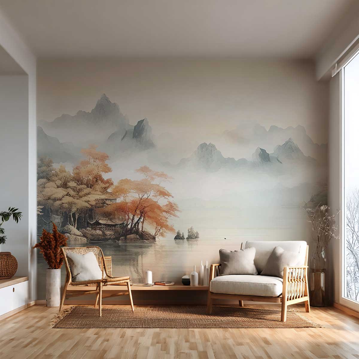 Papier peint panoramique paysage asiatique orange, HEXOA