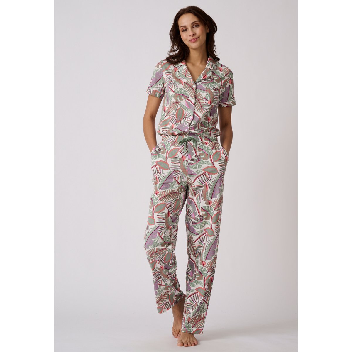 Pantalon de pyjama en maille jersey pur coton marron ecru tropical, DAMART