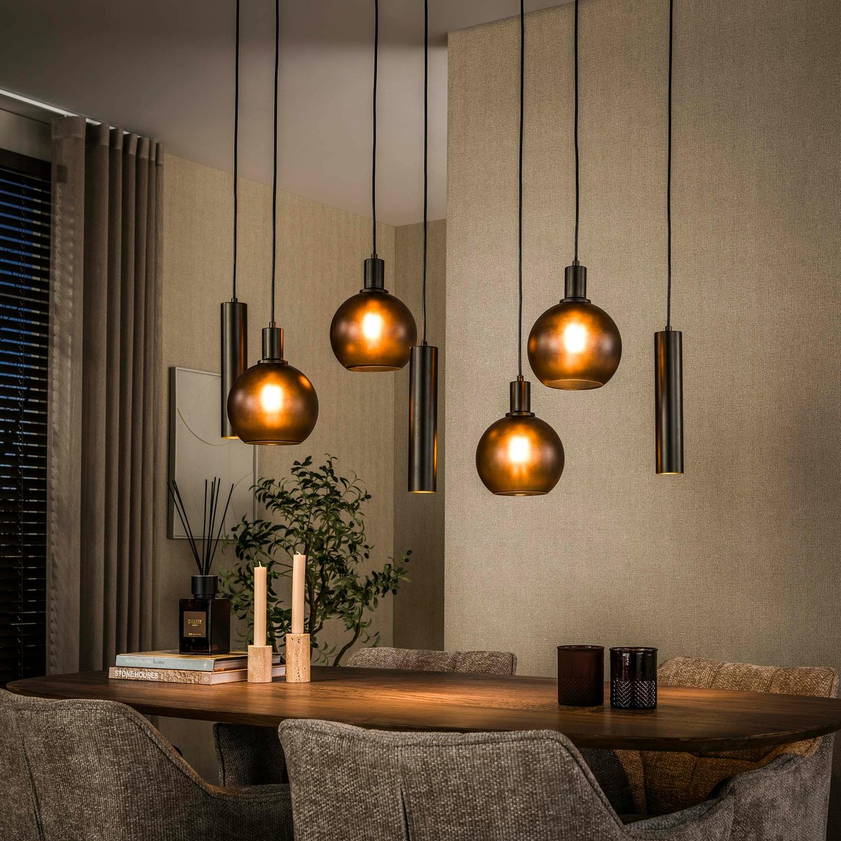 Suspension îlot cuisine verre brun givré métal bronze 7 lampes NOVA marron, PIER IMPORT