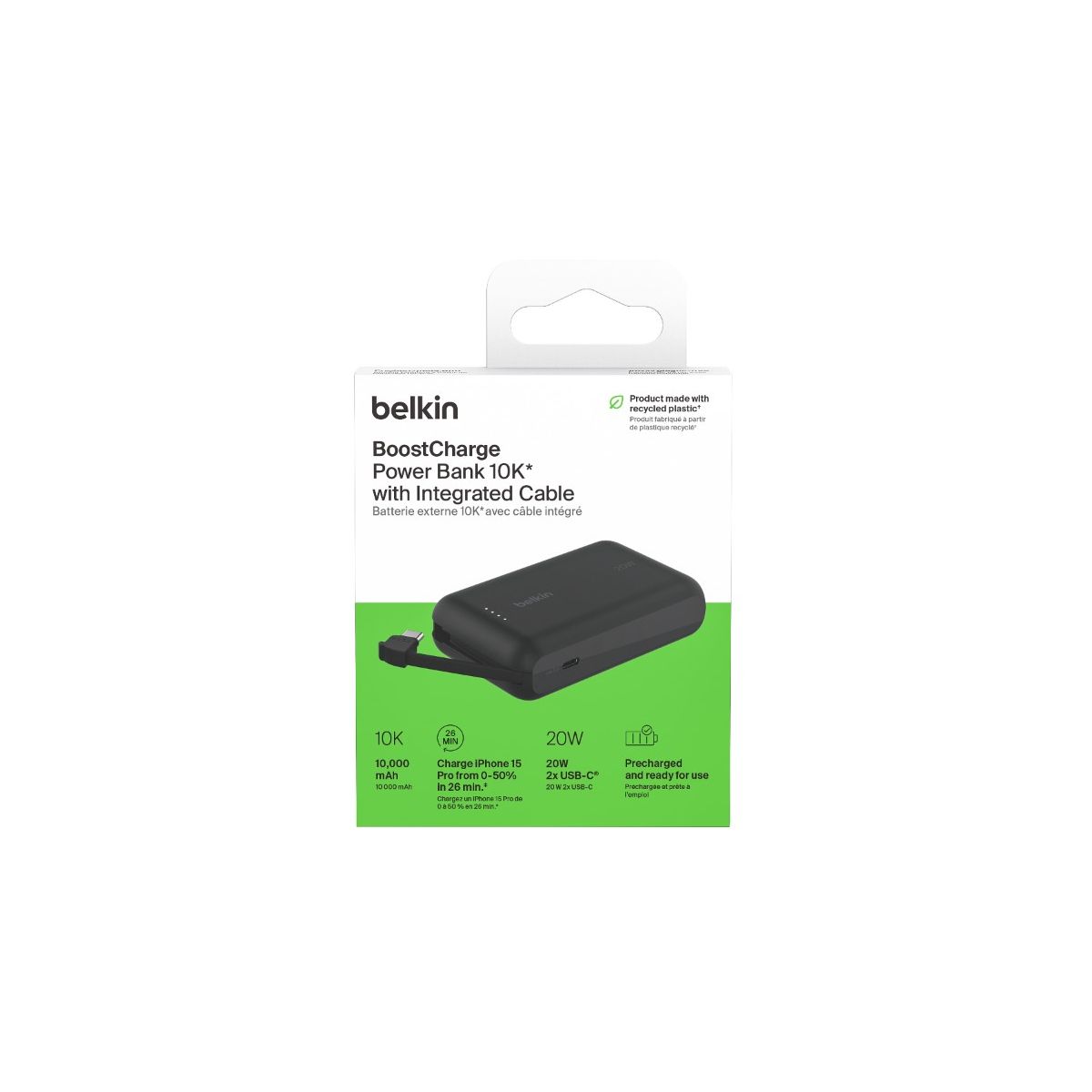 Batterie externe 10000 mAh avec cable USB-C intégre noir couleur unique, BELKIN