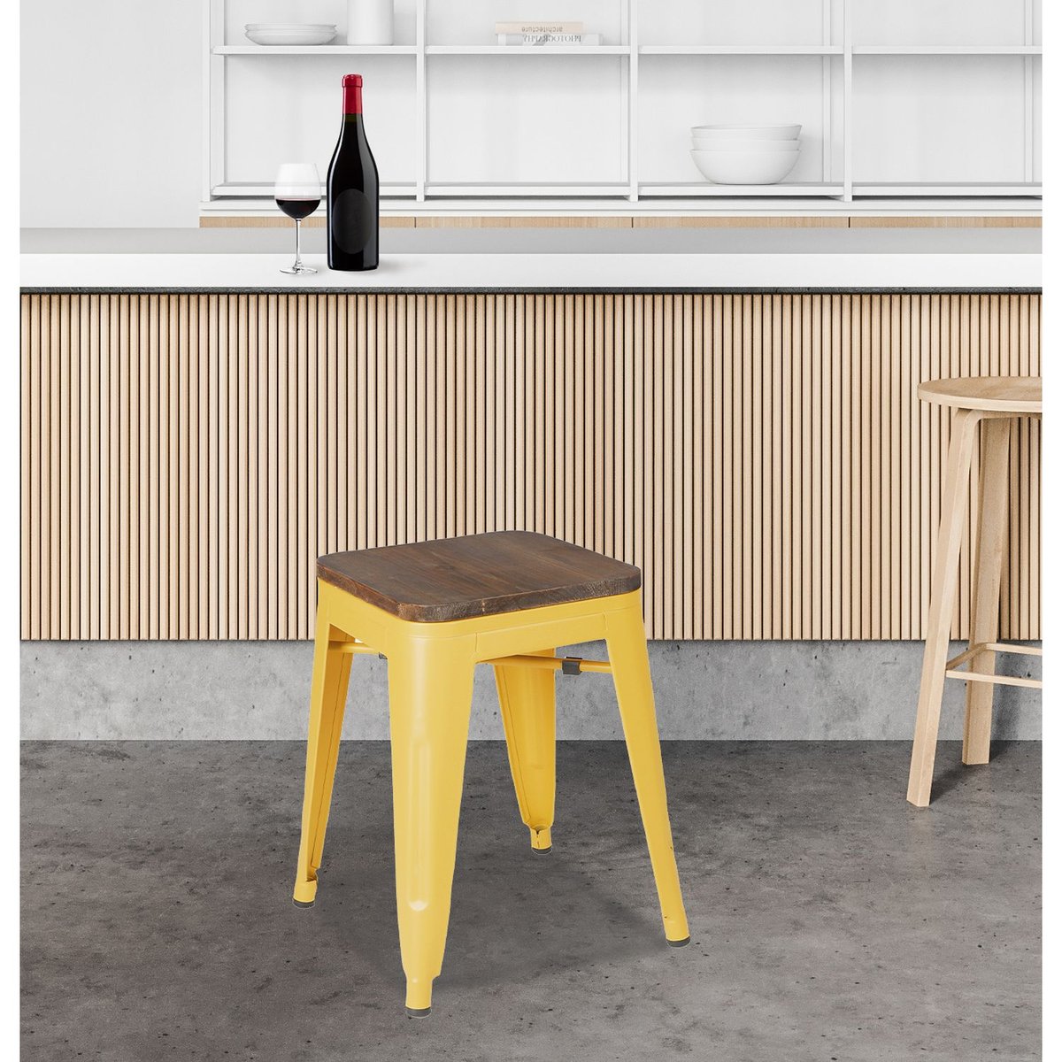Lot de 4 tabourets en bois et métal design vintage LIV jaune, TOILINUX