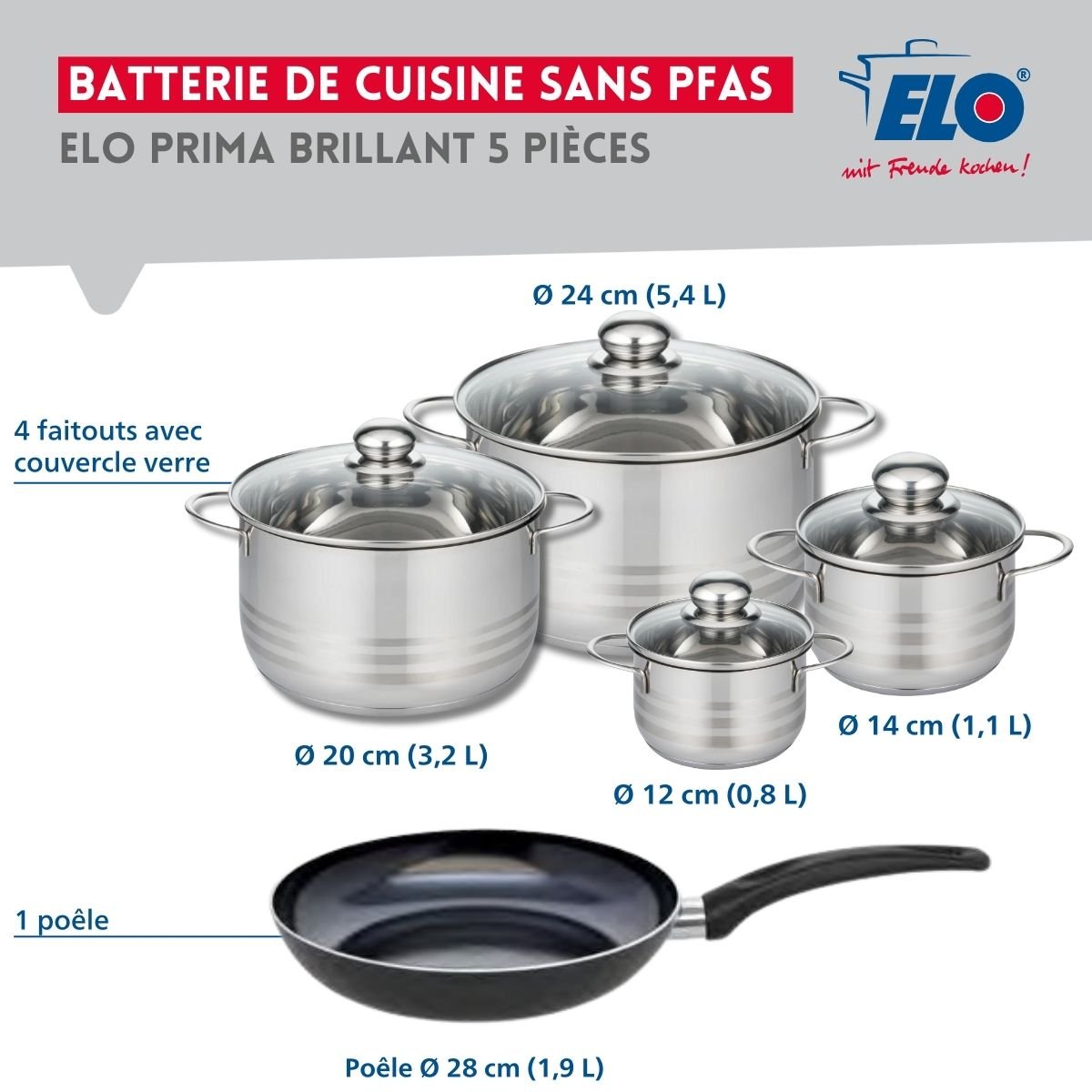 Batterie 1 poêle 28cm + 4 faitouts 12/14/20/24cm PRIMA BRILLANT noir, ELO