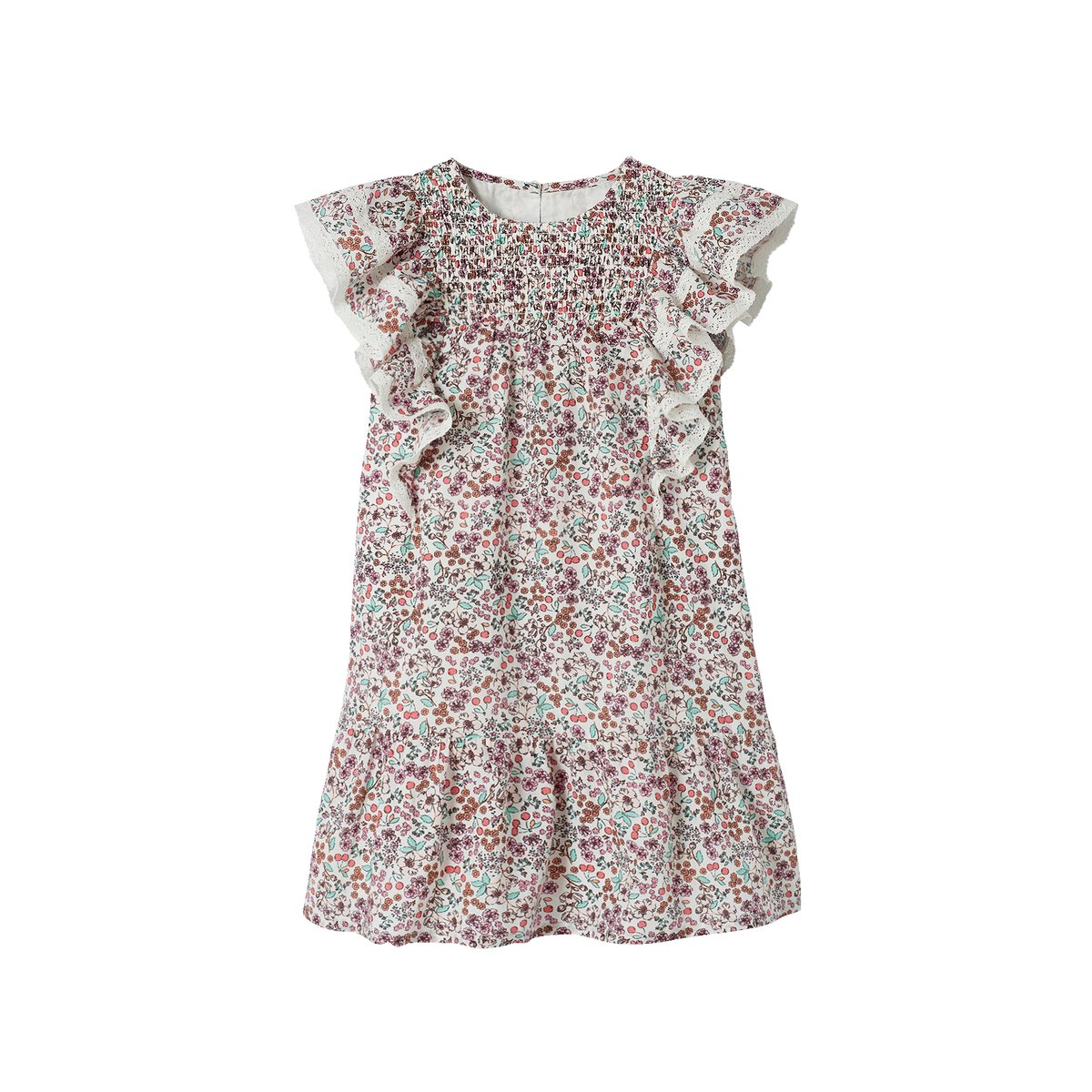 Robe motifs fleurs de cerisier manches volantées écru, VERTBAUDET