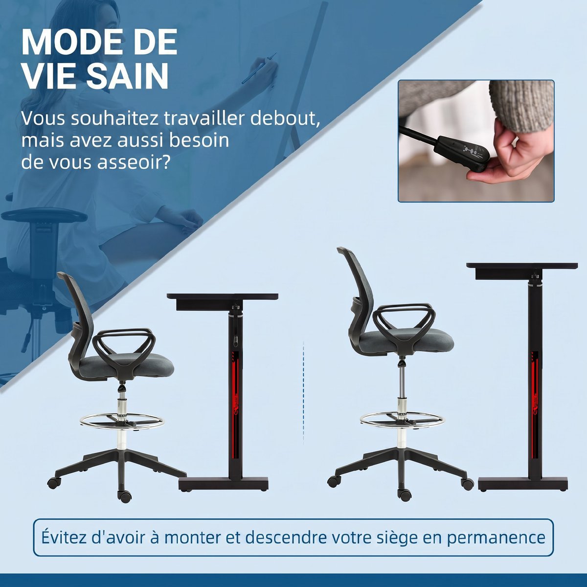 Chaise de bureau pour poste de travail debout gris, HOMCOM