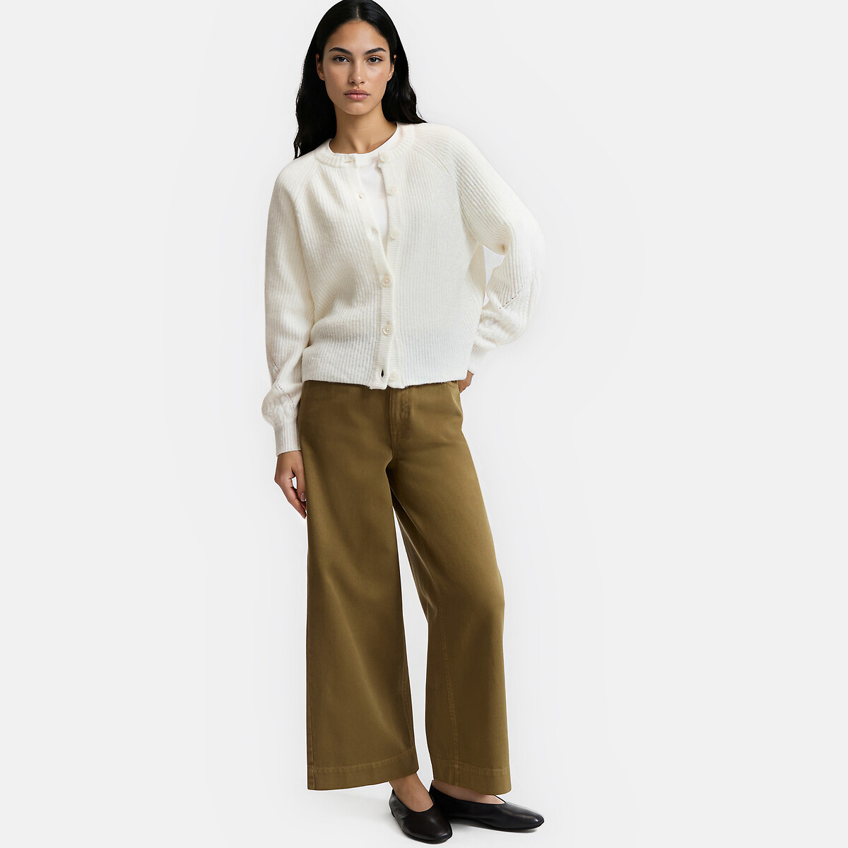 Cardigan col rond, en maille côtelée, avec détails au bas des manches ecru, LA REDOUTE COLLECTIONS
