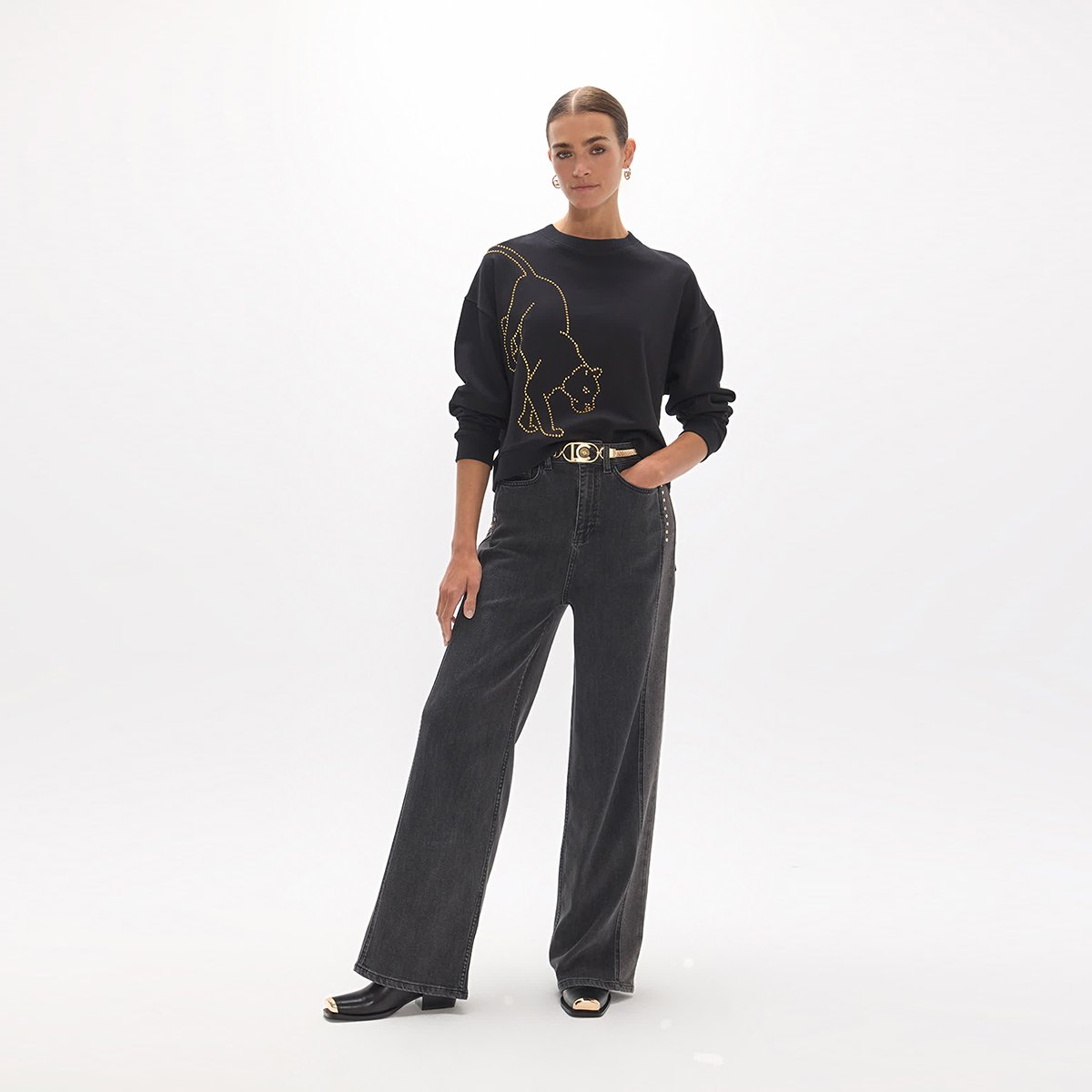 Sweat à motif léopard en strass doré noir, LOLA CASADEMUNT