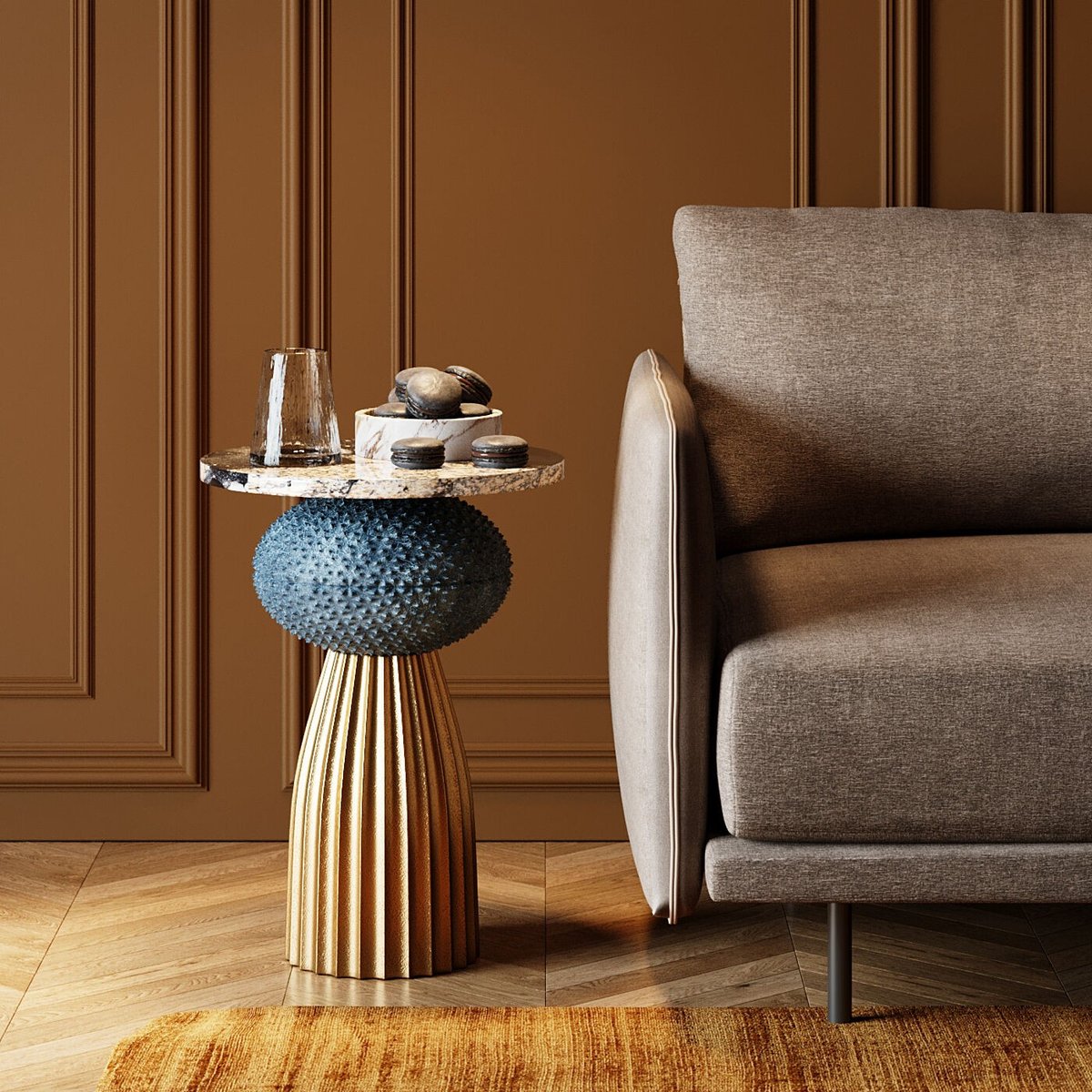 Table d'appoint texturée en aluminium et marbre, MASHA or, KARE DESIGN