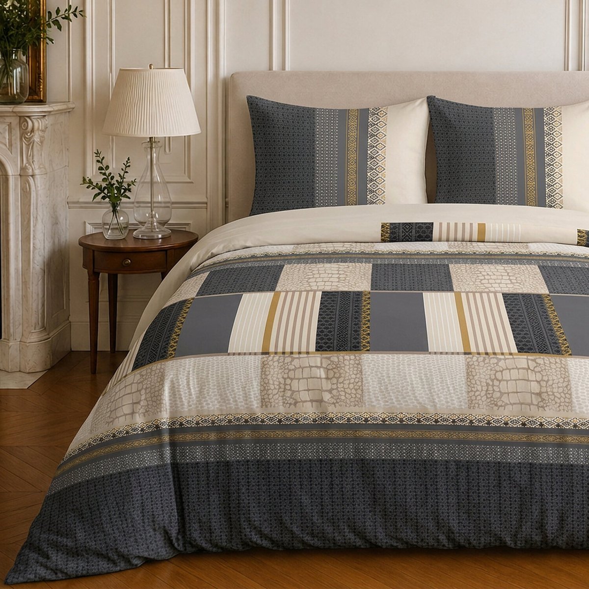Parure de lit en coton motif géométrique, HELENE beige, C DESIGN HOME TEXTILE