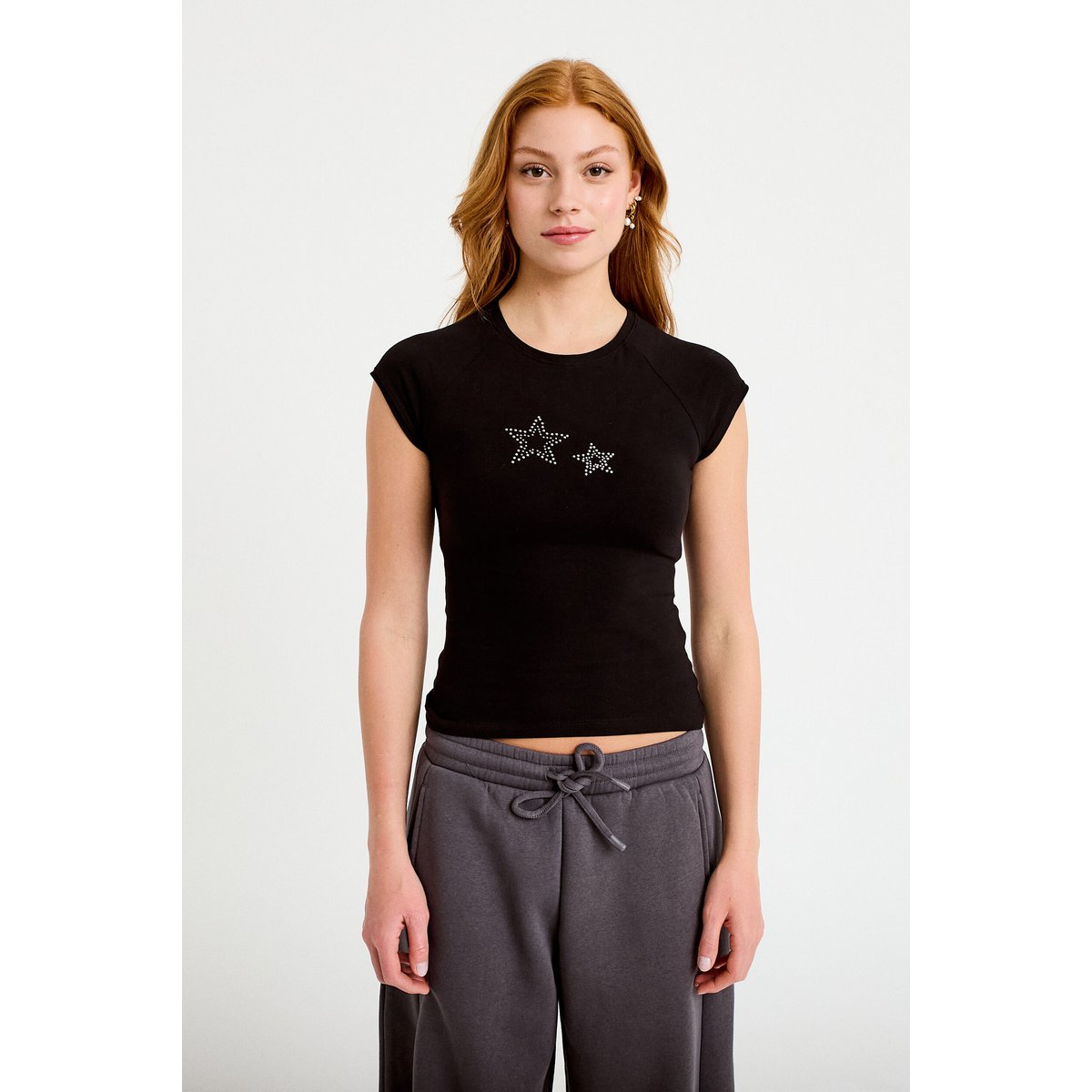 T-shirt ajusté court col rond noir, CACHE CACHE