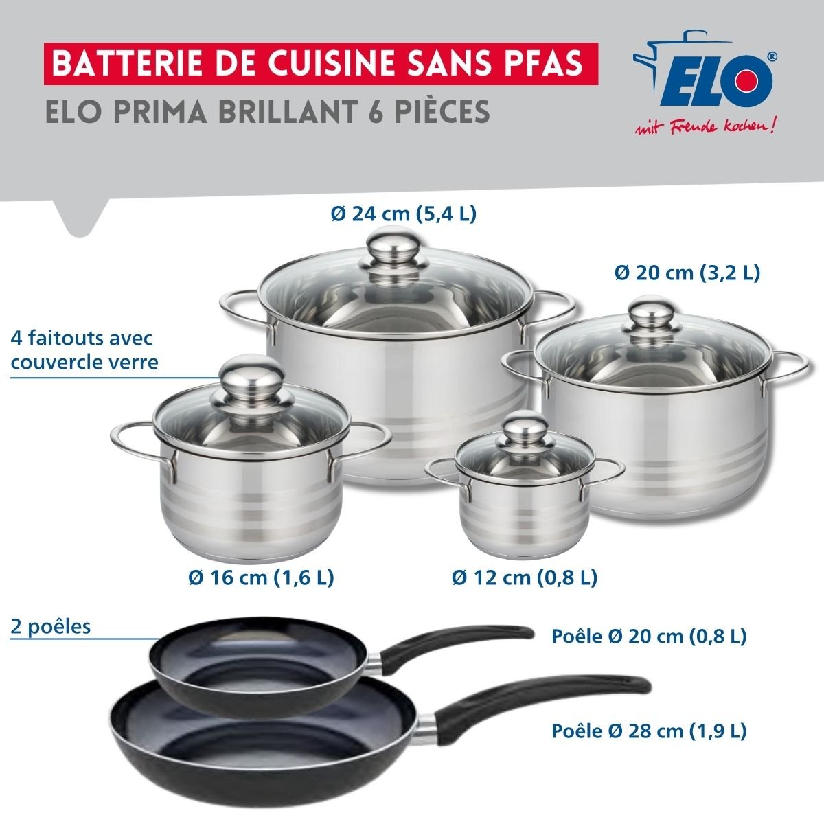 2 poêles 20/28cm + 4 faitouts 12/16/20/24cm PRIMA BRILLANT noir, ELO