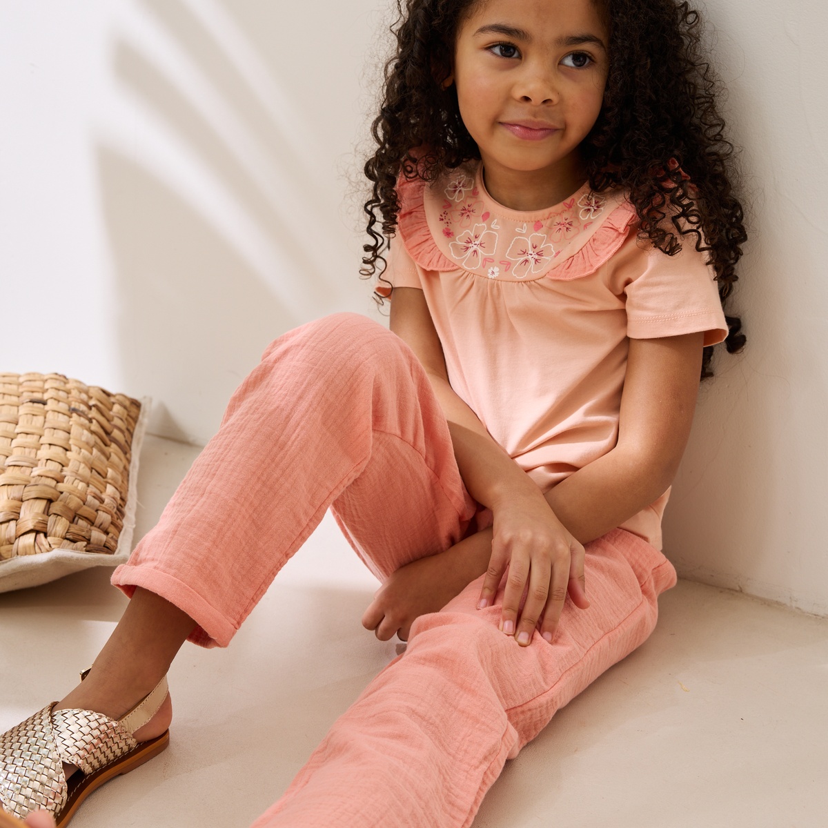 Ensemble enfant t-shirt et pantalon en gaze de coton Santa Giulia corail, PETIT BEGUIN