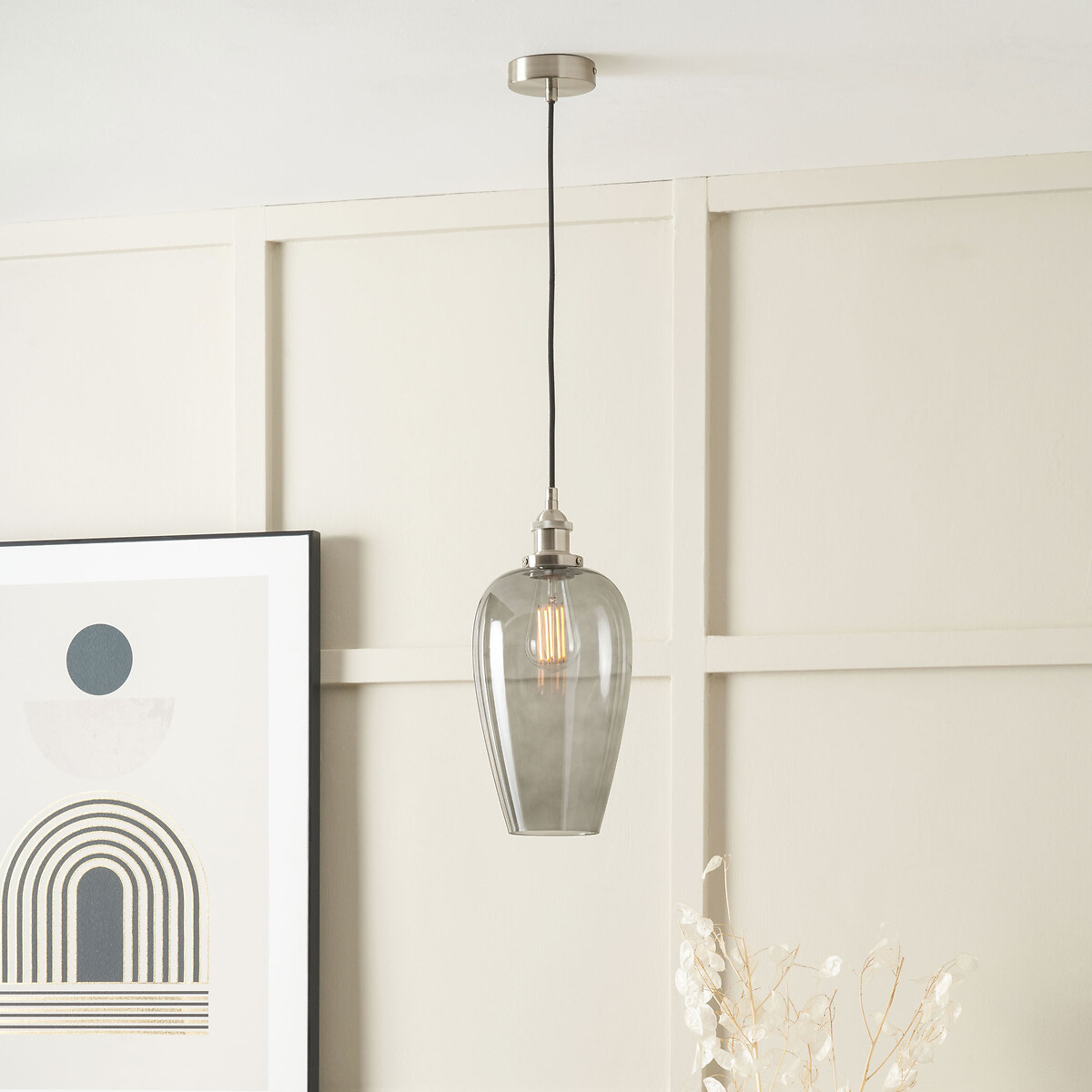 Cleo Glass Tulip Pendant Light in Antique Silver smoky glass, SO'HOME