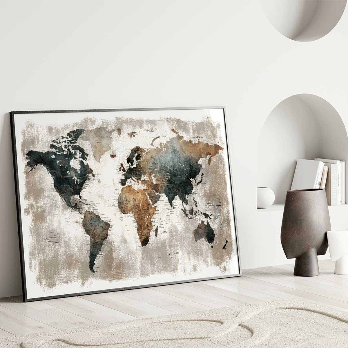 Affiche encadrée carte du monde rétro patinée affiche + cadre en métal - noir, HEXOA