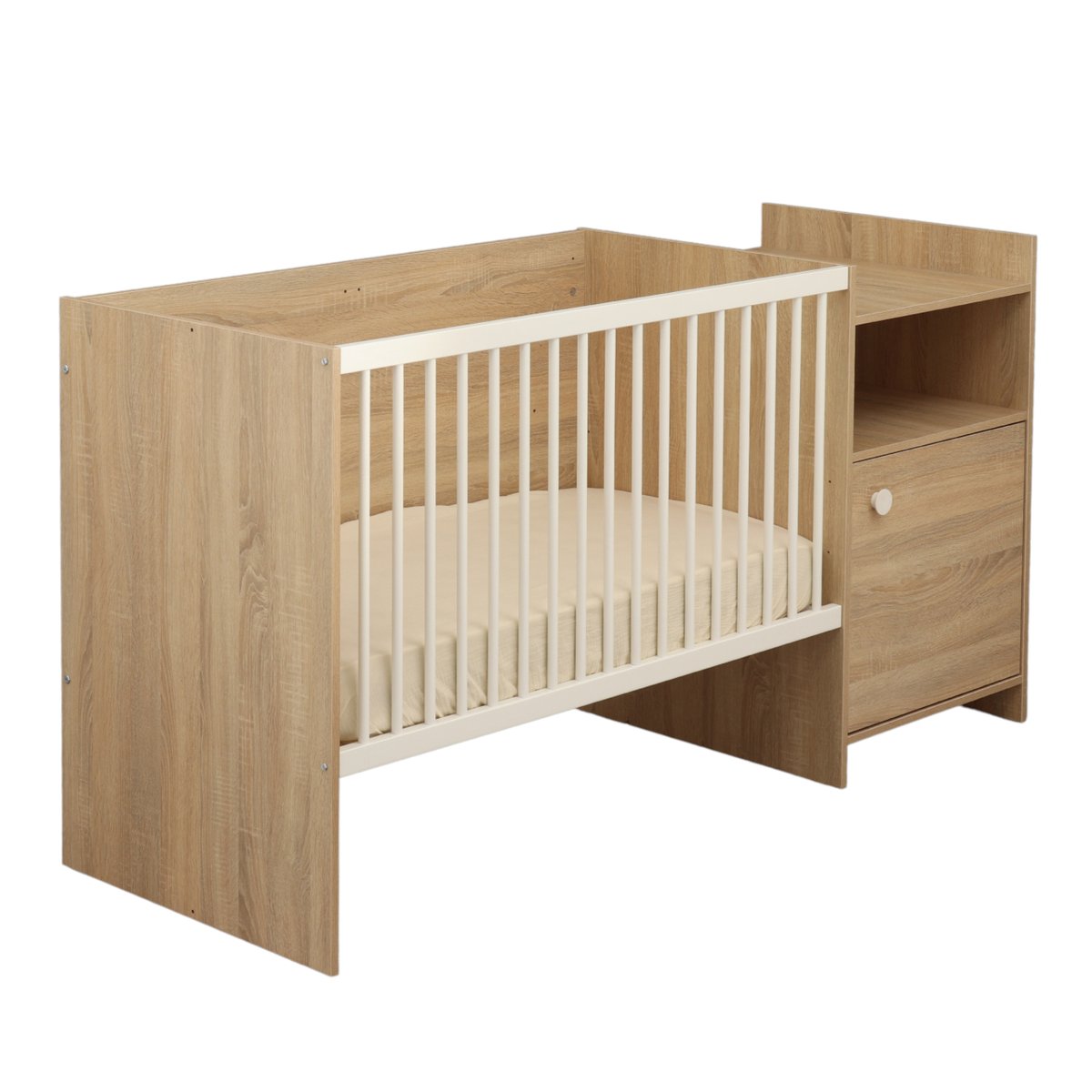 Lit combiné évolutif en décor bois avec commode à langer 1 porte marron, BABY PRICE
