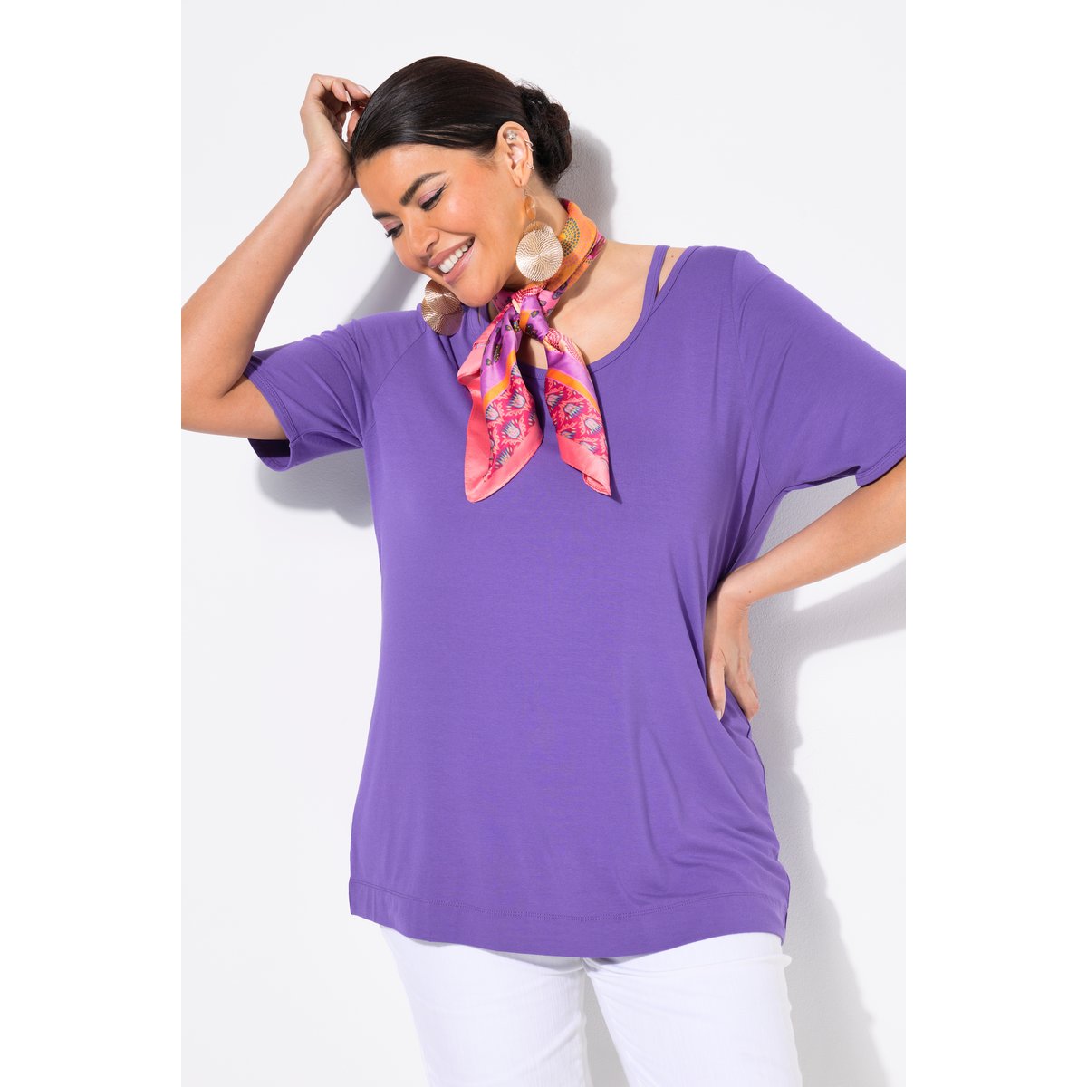 T-shirt à découpes. Encolure ronde violet, ULLA POPKEN
