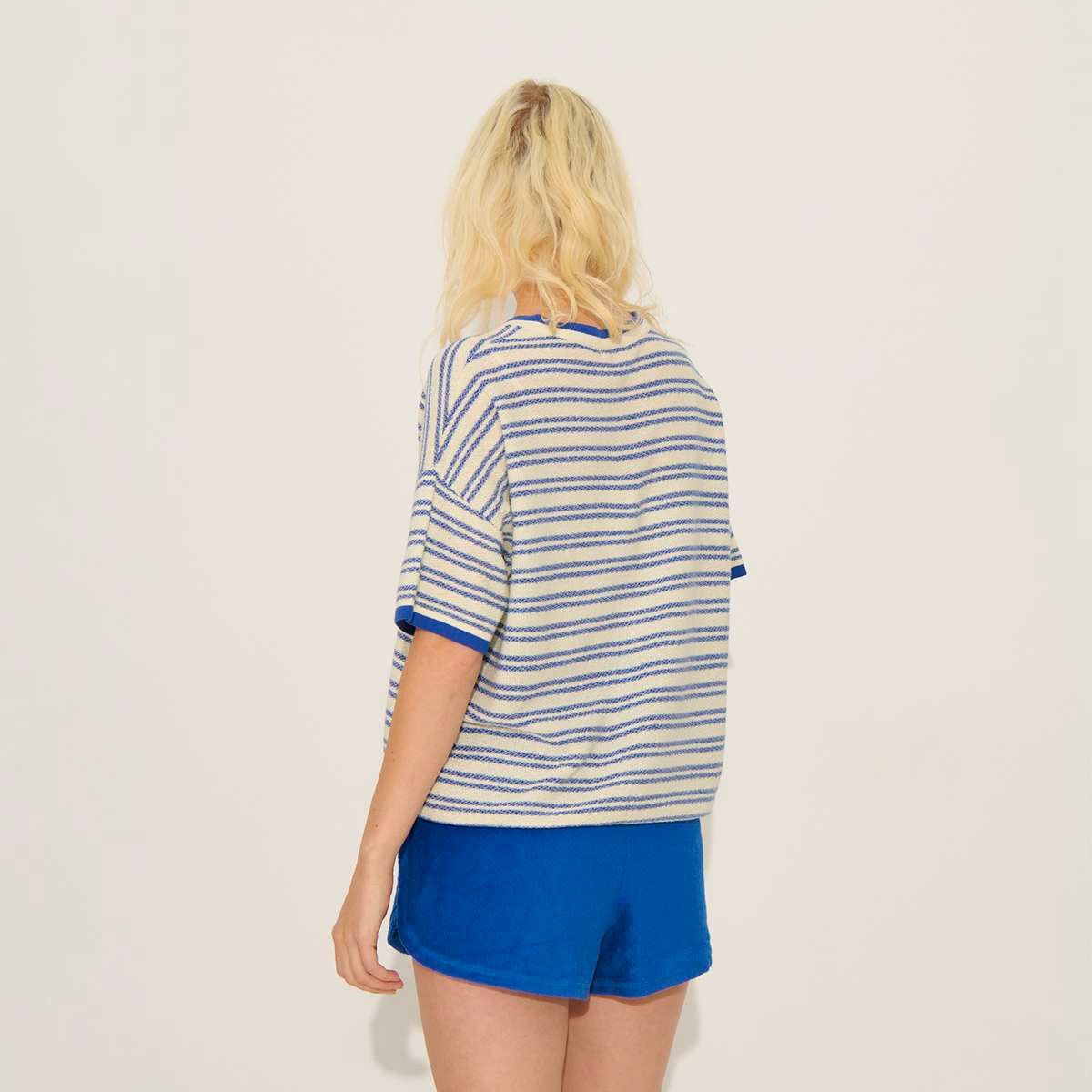 Pull marinière boutonné en lin et coton manches courtes PIERCE ivoire-marine, BENSIMON