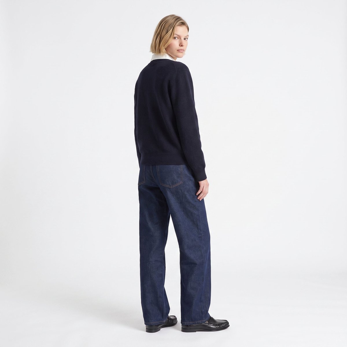 Cardigan court pour femme avec col chemise intégré en alpaga ANERIE navy, ARTLOVE