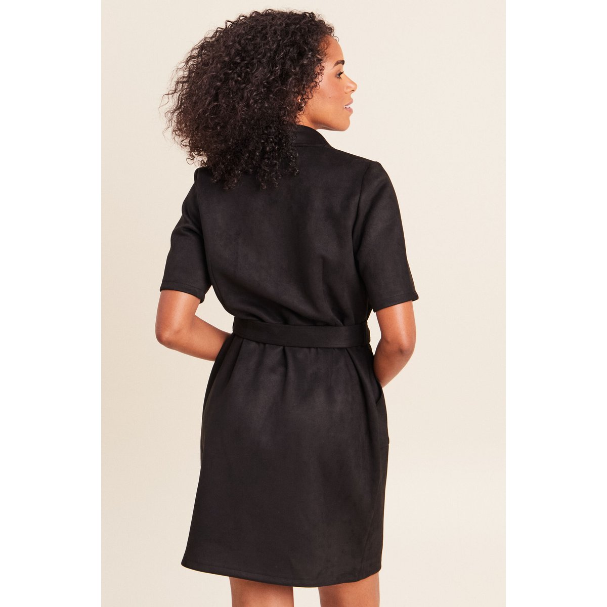 Robe droite courte manches coudes daim noir, BREAL