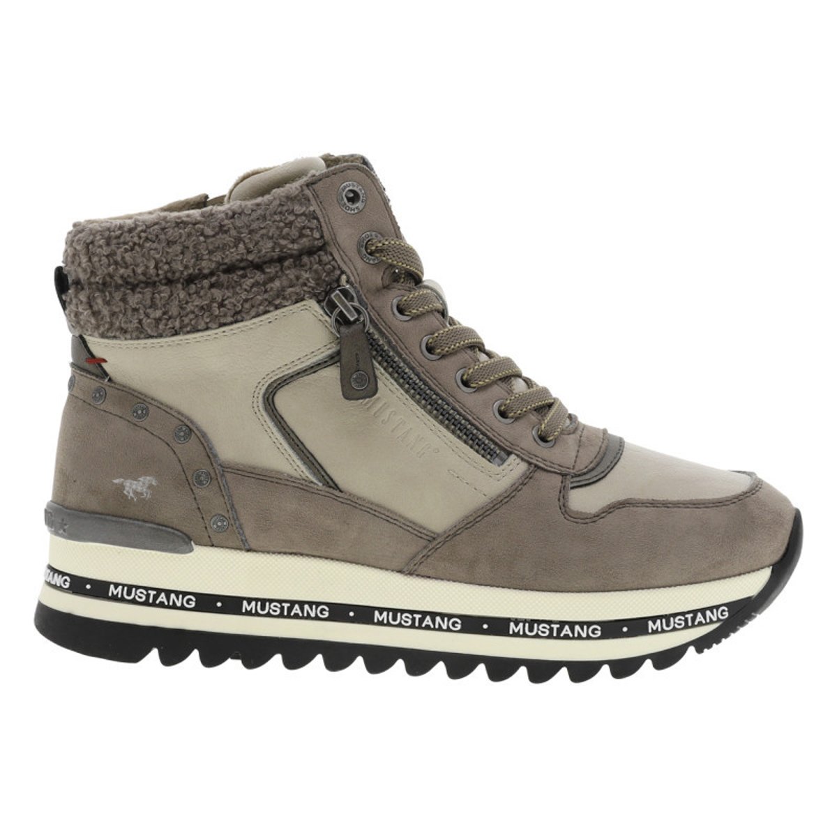 Baskets taupe à talon semi-compensé avec des lacets et un zip latéral taupe, MUSTANG