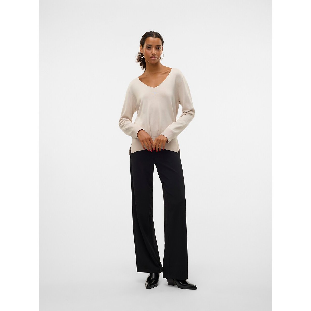 Pull en fine maille, col V beige, VERO MODA
