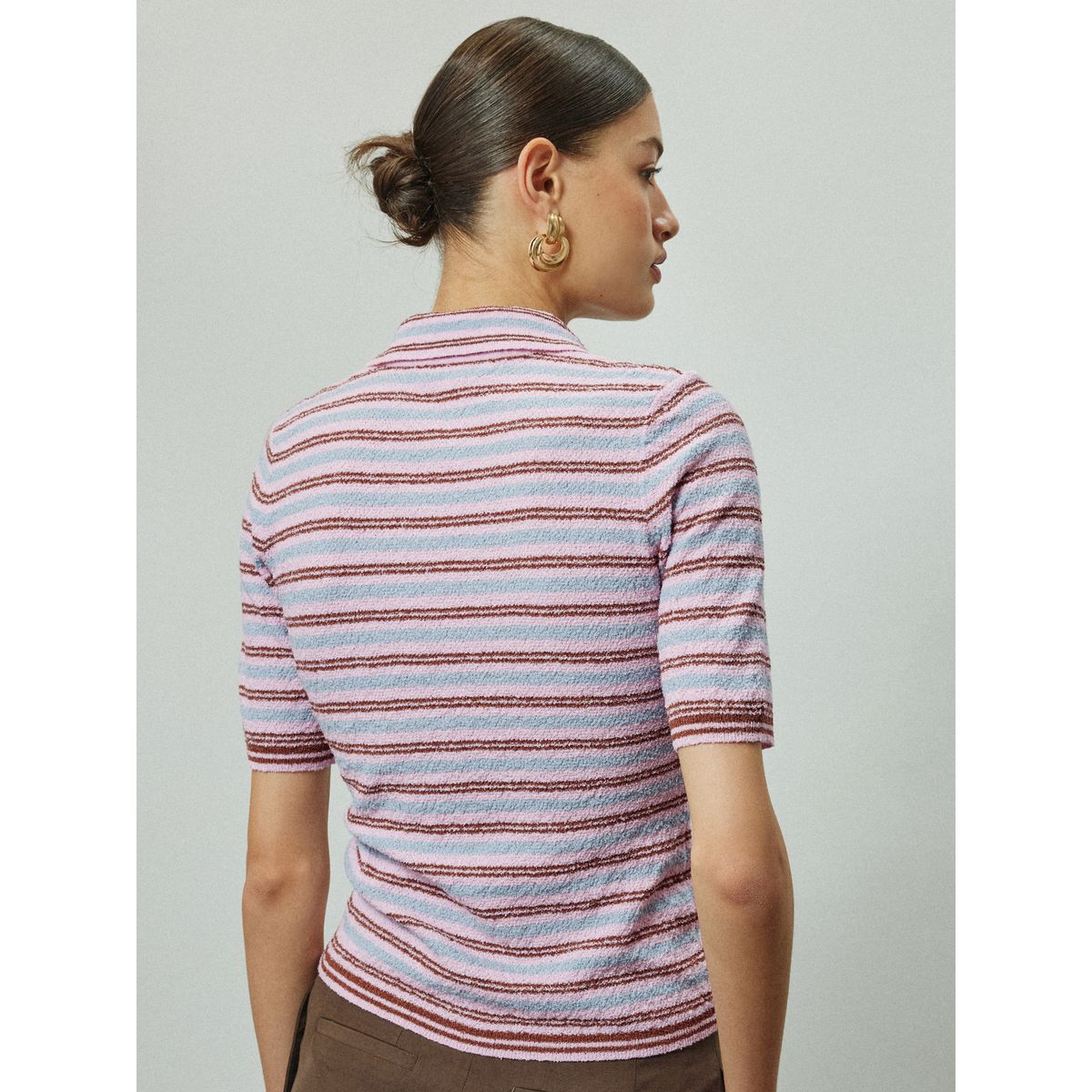 Polo aspect maille manches courtes/col zippé rayures roses et bleues, NEXT