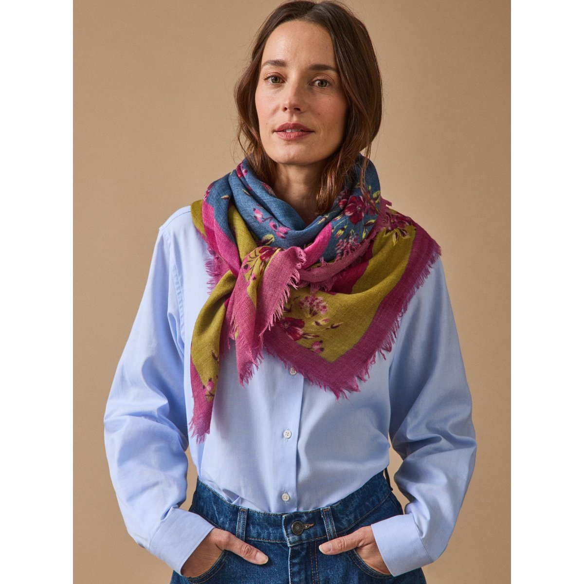 Foulard imprimé en laine bleu, CYRILLUS